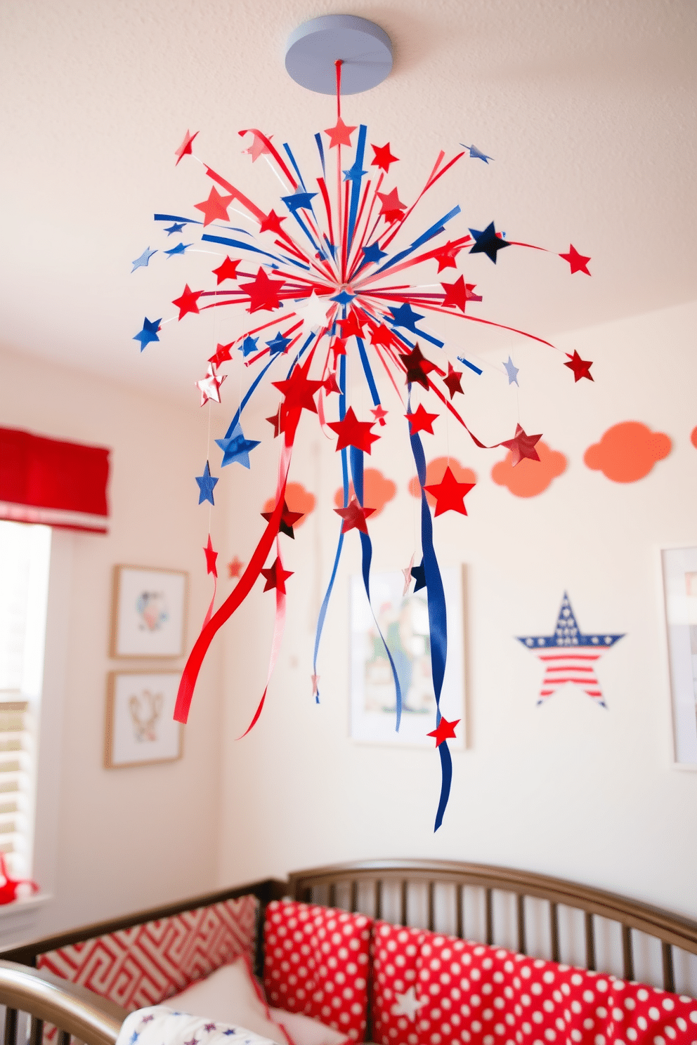 A whimsical DIY firework mobile hangs gracefully from the ceiling, crafted with vibrant paper stars and colorful streamers. The mobile adds a festive touch to the nursery, celebrating Independence Day with playful charm and creativity. The nursery is adorned with red, white, and blue accents, creating a cheerful atmosphere for young ones. Soft, plush bedding features patriotic patterns, while wall art showcases iconic symbols of freedom, making it a delightful space for celebration and imagination.