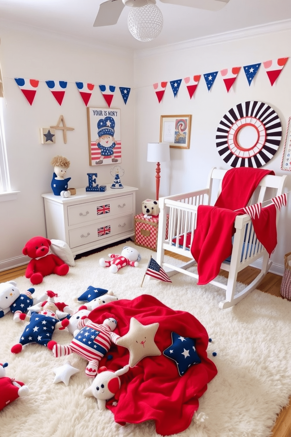 A charming nursery decorated for Independence Day. The room features plush toys in red white and blue colors including stars and stripes designs scattered across a soft white rug. The walls are adorned with patriotic themed wall art and bunting. A cozy rocking chair sits in the corner draped with a red blanket and surrounded by small flags.