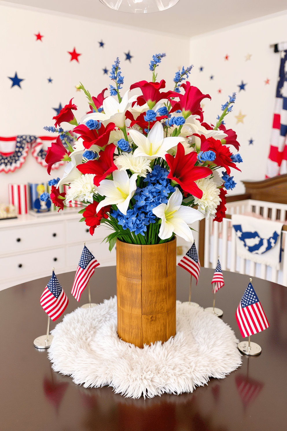 A stunning table centerpiece featuring vibrant red white and blue flowers arranged in a rustic wooden vase. The centerpiece is surrounded by small American flags and decorative stars to enhance the patriotic theme. A cozy nursery decorated with soft pastel colors and themed around Independence Day. The walls are adorned with star and stripe patterns while a plush rug in the center adds warmth and comfort.