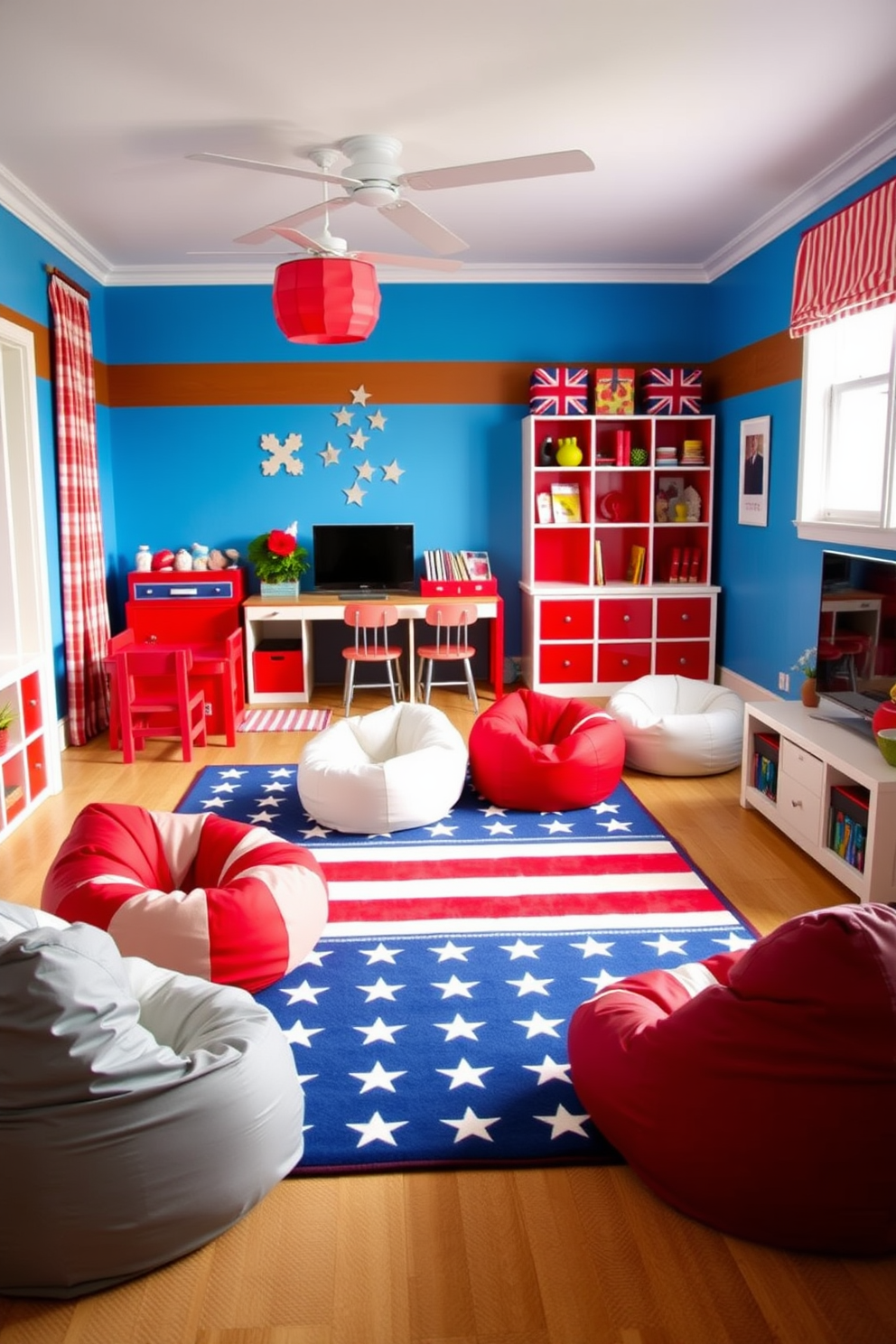 A vibrant playroom filled with a red, white, and blue color scheme. The walls are painted in a bright blue, while the furniture features bold red and white accents, creating a festive atmosphere. A large area rug with stars and stripes anchors the space, providing a playful touch. Colorful bean bags in red and white are scattered around for seating, inviting children to relax and play.