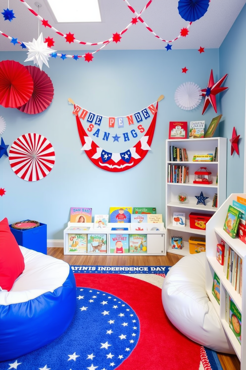 A vibrant playroom designed for celebrating Independence Day. The walls are adorned with red, white, and blue decorations, including stars and stripes, while a cozy reading nook features themed books about Independence Day. Colorful bean bags and a patriotic rug create a fun space for kids to relax. Shelves filled with books about Independence Day are easily accessible, encouraging learning and creativity in a festive environment.