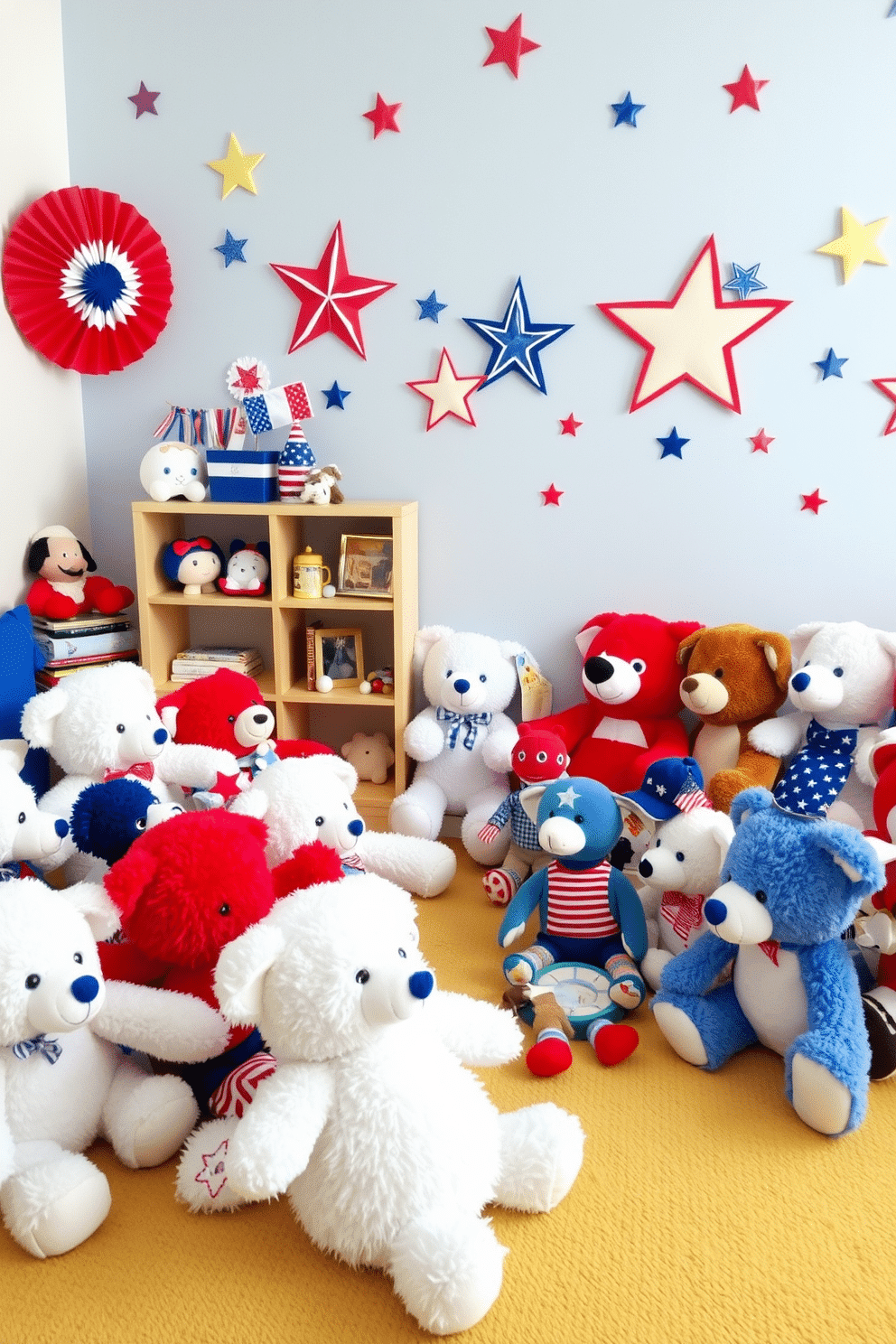 A vibrant playroom filled with red white and blue plush toys creates a festive atmosphere for Independence Day celebrations. The walls are adorned with cheerful decorations featuring stars and stripes, while a cozy reading nook invites children to relax among their favorite toys.