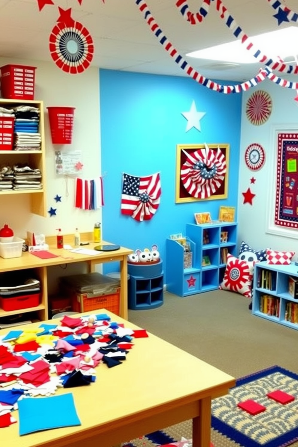 A vibrant craft station for making flags. The workspace features a large table covered with colorful fabric swatches, scissors, and glue, surrounded by shelves filled with crafting supplies. A playful Independence Day themed playroom. The walls are adorned with red, white, and blue decorations, and a cozy reading nook is set up with patriotic cushions and a small bookshelf filled with festive stories.