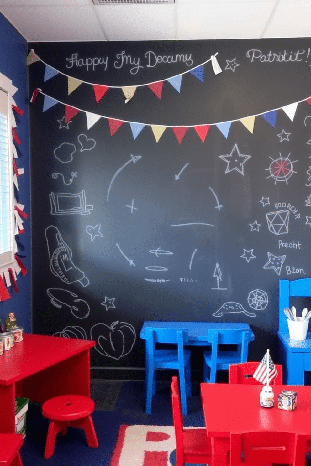 A patriotic chalkboard wall fills one side of the playroom, providing a creative space for children to draw and express their artistic ideas. The wall is framed with colorful bunting and surrounded by playful furniture in red, white, and blue hues, creating a festive atmosphere for Independence Day celebrations.