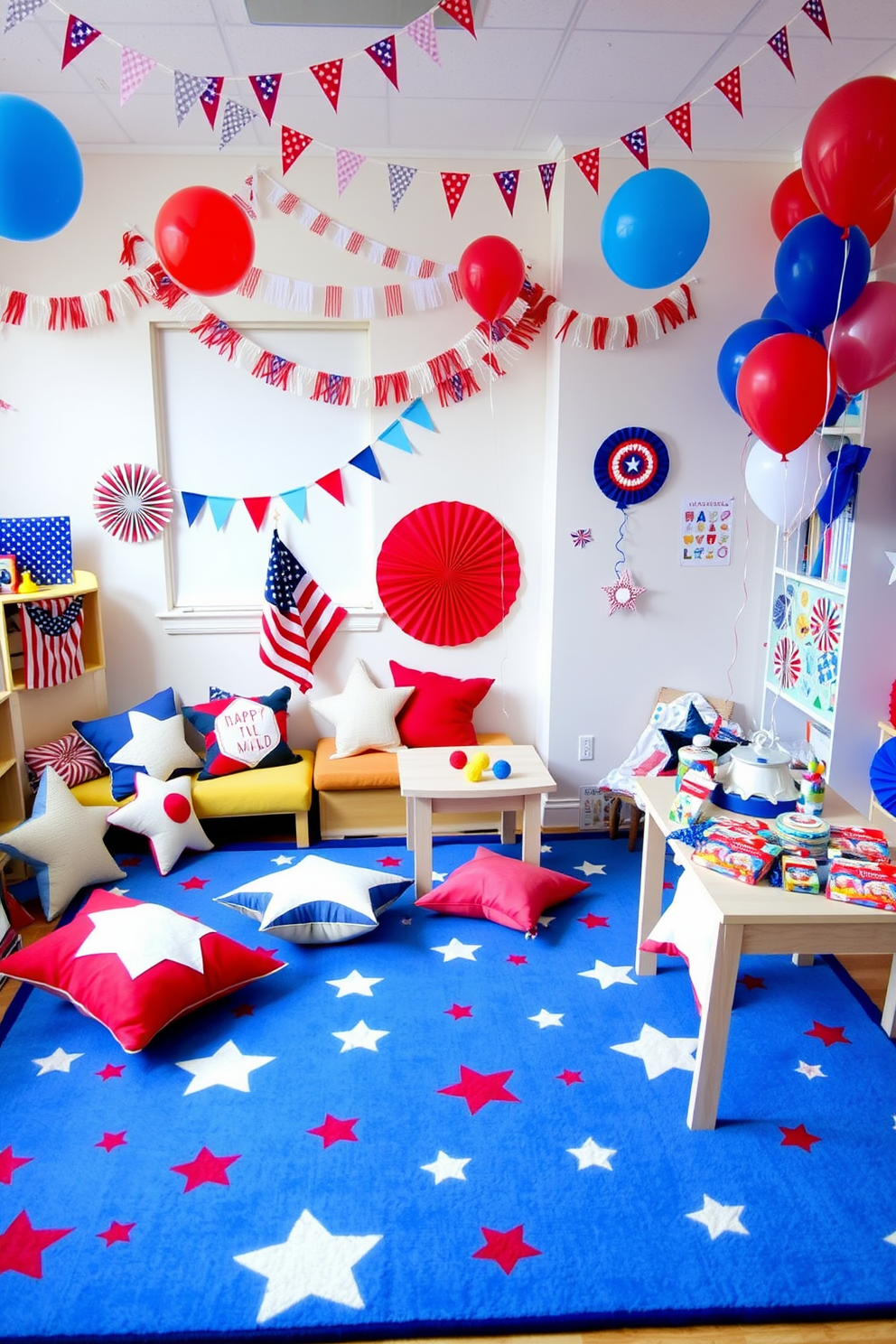 A vibrant playroom filled with festive decorations for Independence Day. The room features a colorful rug with star patterns, and star-shaped pillows in red, white, and blue are scattered across a cozy seating area. The walls are adorned with playful bunting and balloons in patriotic colors. A small table is set up with arts and crafts supplies, inviting children to create their own decorations for the celebration.