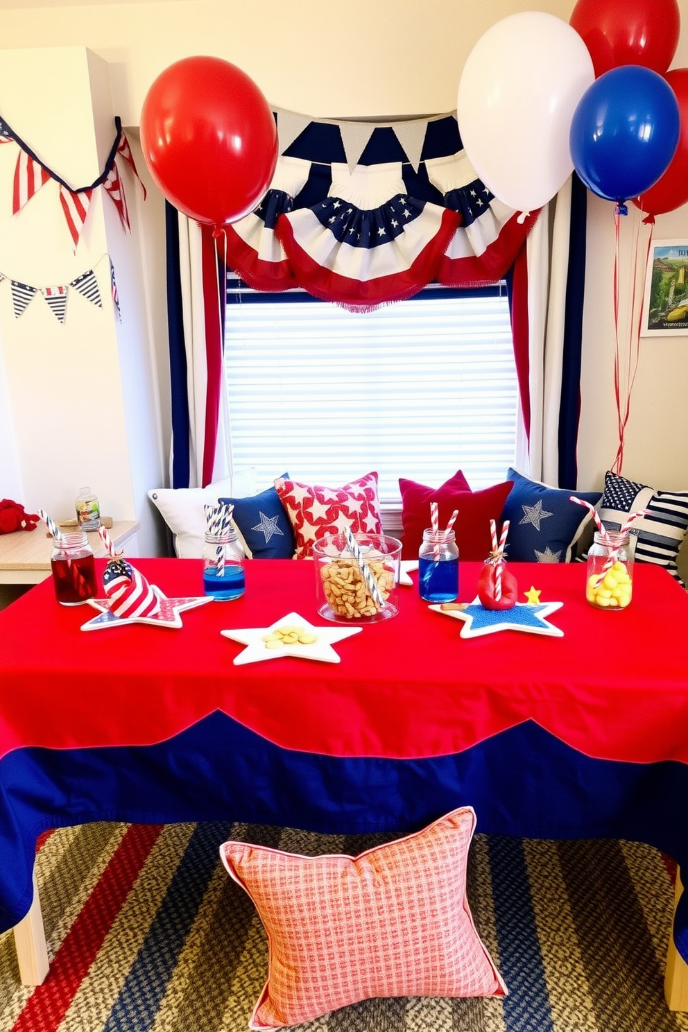 A themed table for snacks and drinks is set up with a vibrant red and blue tablecloth. On the table, there are star-shaped plates filled with festive snacks and colorful drinks in glass jars adorned with striped straws. For Independence Day playroom decorating ideas, the walls are adorned with red white and blue bunting and balloons. A cozy reading nook features patriotic themed cushions and a small table for arts and crafts activities.