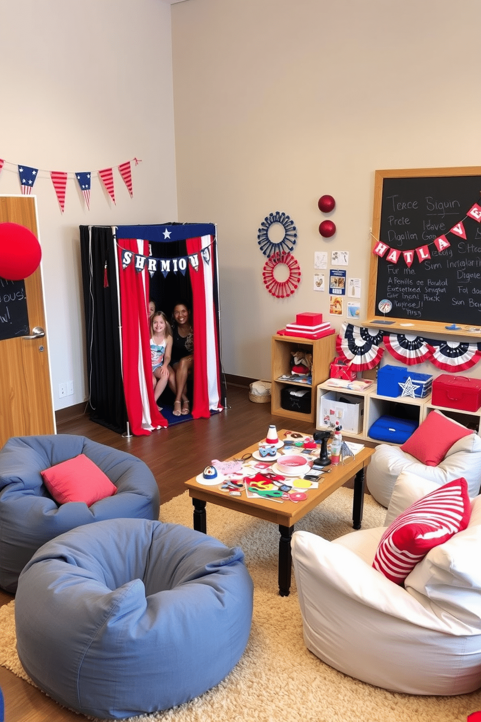 A vibrant DIY photo booth is set up in a spacious corner of the room. Colorful props including hats, glasses, and festive banners are arranged on a table nearby, inviting guests to capture joyful moments. The playroom is adorned with red, white, and blue decorations to celebrate Independence Day. Cozy seating areas are created with bean bags and plush rugs, while a wall features a chalkboard for creative drawing and messages.