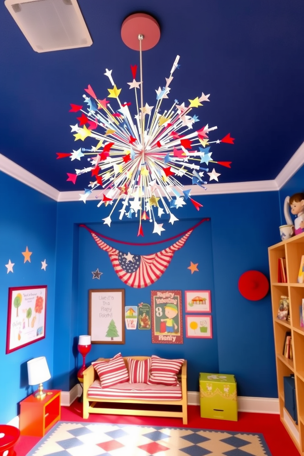 A vibrant playroom filled with colorful decor. The ceiling features a stunning firework-inspired mobile made of bright paper and lightweight materials, creating a festive atmosphere. The walls are painted in a cheerful blue hue, adorned with playful artwork celebrating Independence Day. A cozy reading nook with red and white striped cushions invites children to relax and enjoy their favorite books.