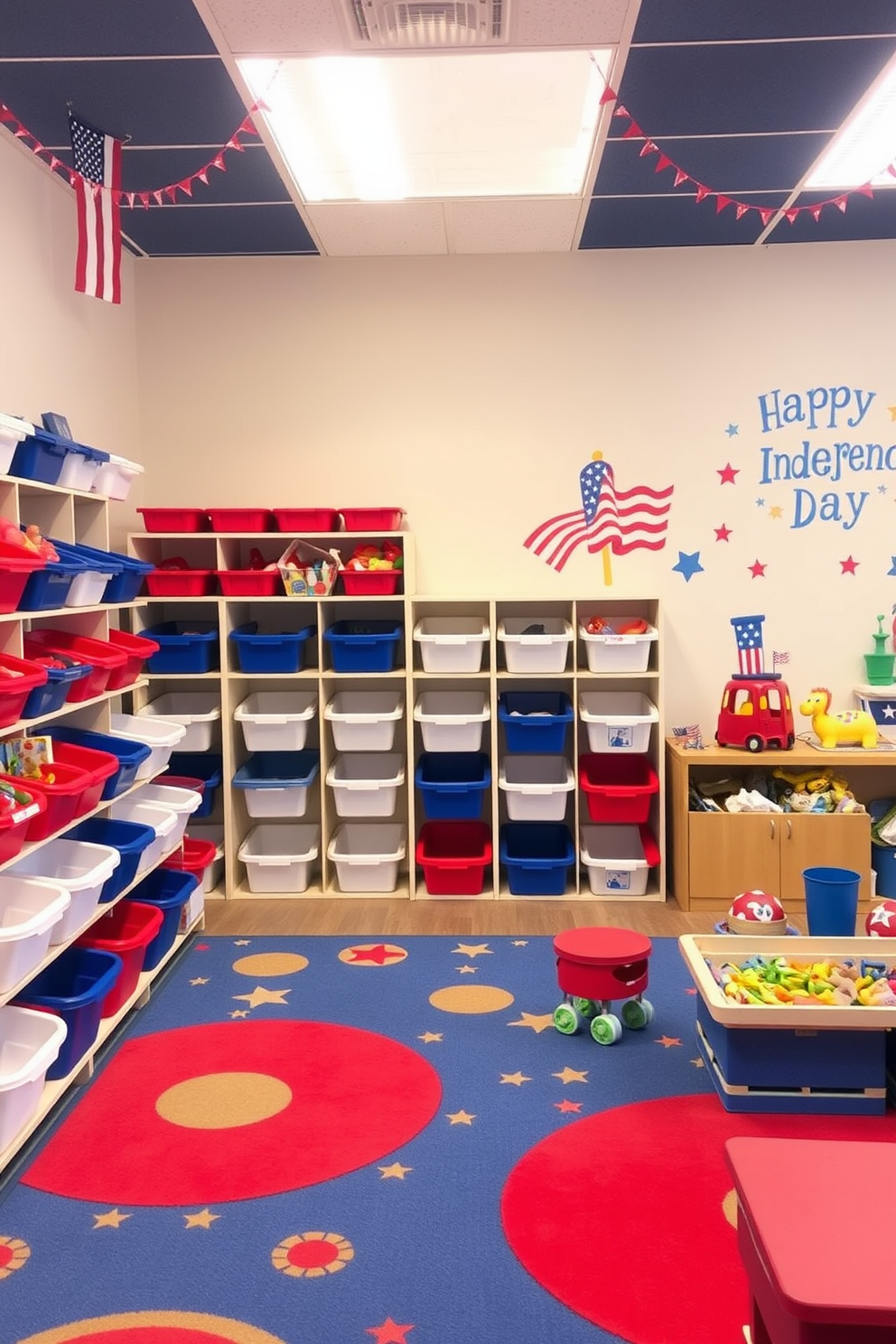 A vibrant playroom filled with red white and blue toy bins arranged neatly along the walls. The space features colorful rugs and playful wall art celebrating Independence Day, creating a festive atmosphere for children to enjoy.