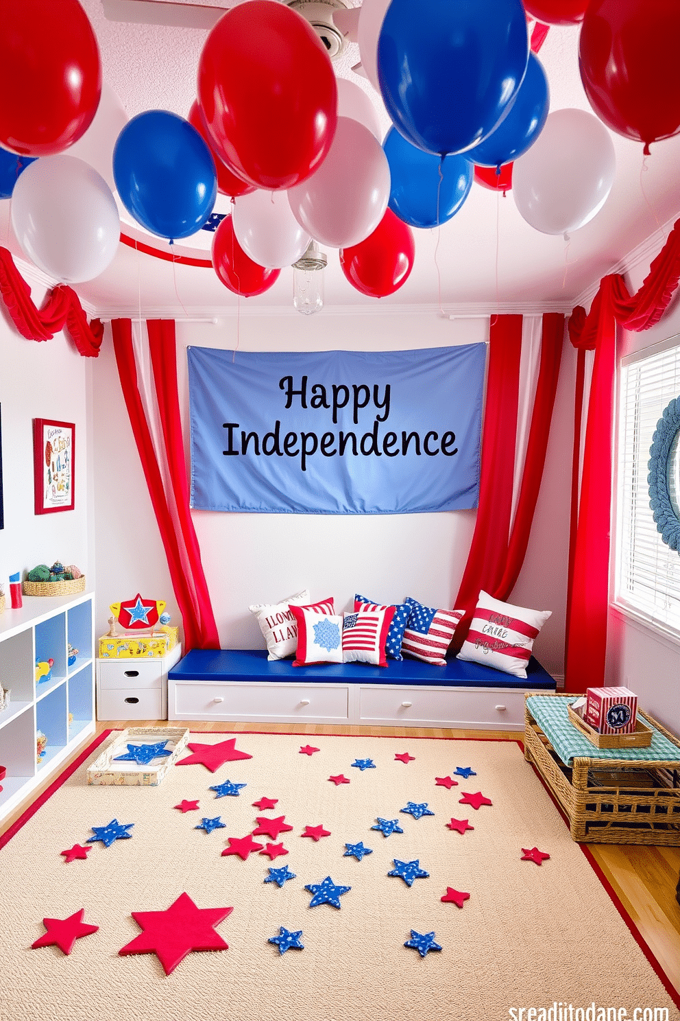 A vibrant playroom decorated for Independence Day. Red white and blue balloons float from the ceiling while a large banner reading Happy Independence Day hangs on the wall. Colorful puzzles featuring stars and stripes are scattered across a bright rug. A cozy reading nook with patriotic themed cushions invites kids to relax and enjoy their favorite books.