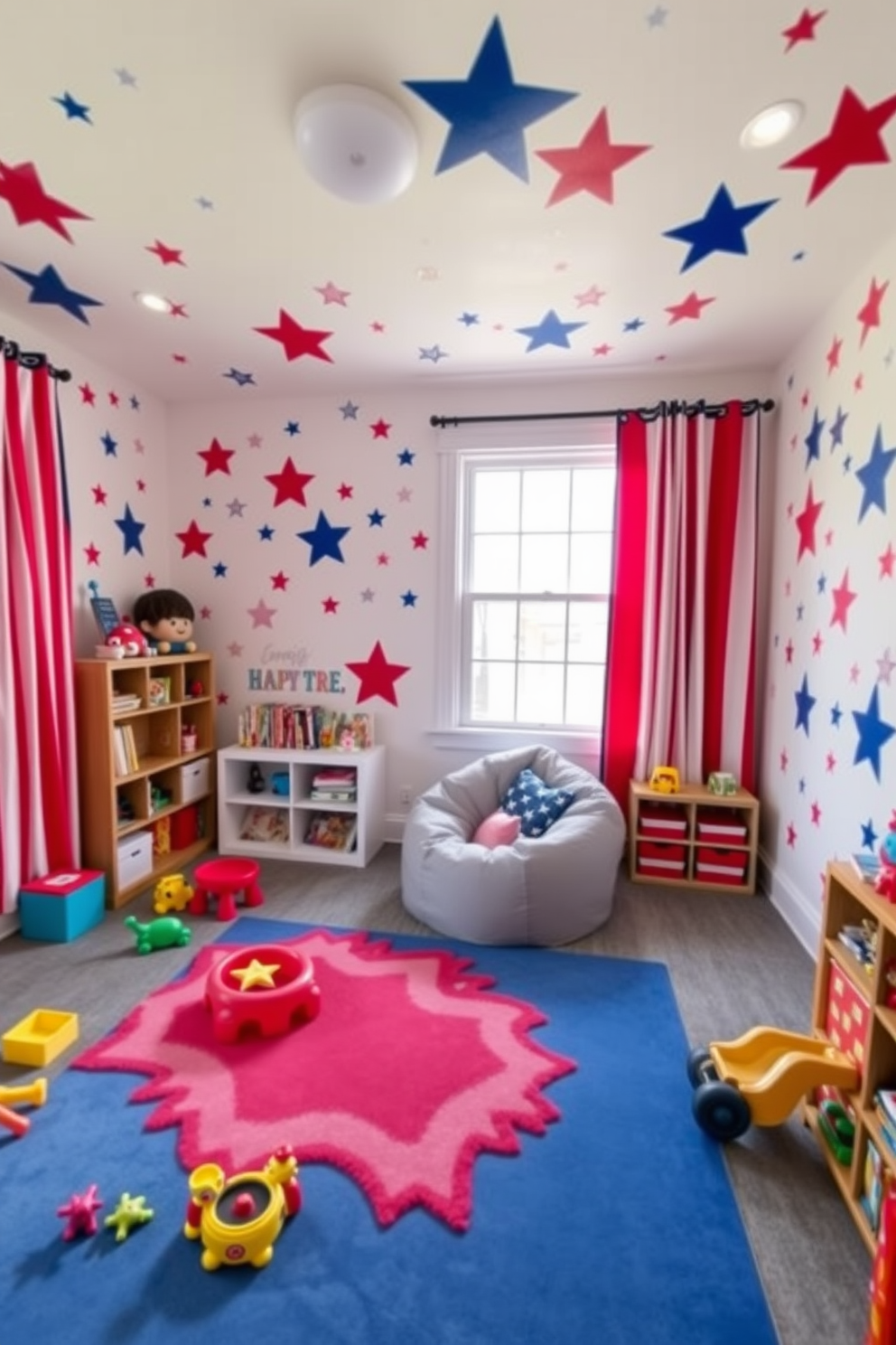 A vibrant playroom filled with energy and joy. The walls are adorned with colorful stars and stripes wall decals that celebrate Independence Day, creating a festive atmosphere. The room features a cozy reading nook with a plush bean bag chair and a small bookshelf filled with patriotic-themed books. Brightly colored rugs and playful toys are scattered across the floor, inviting children to explore and play.