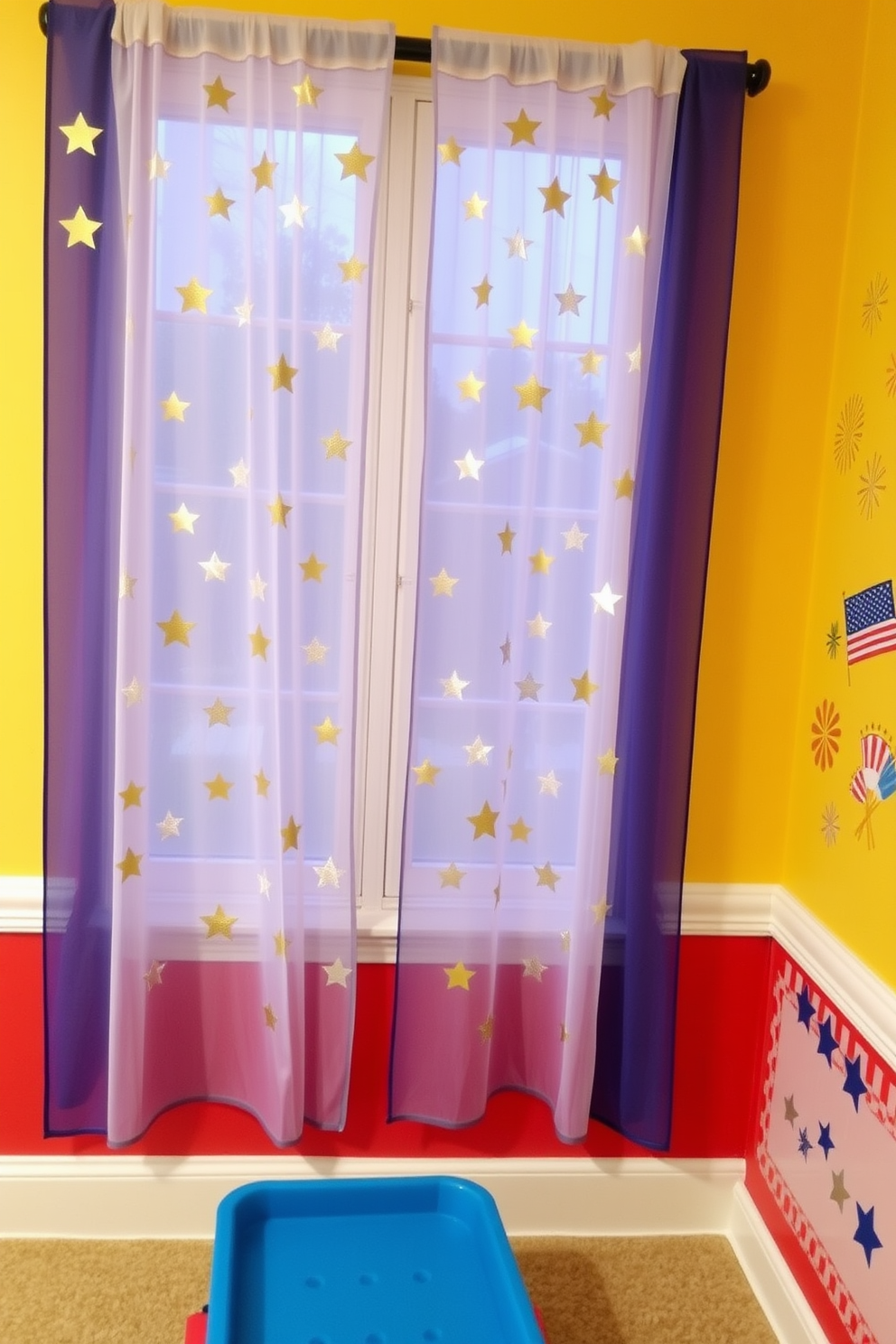 Festive window treatments with stars. The curtains are made of sheer fabric adorned with gold and silver stars, allowing soft light to filter through while adding a celebratory touch to the room. Independence Day playroom decorating ideas. The walls are painted in a vibrant red, white, and blue color scheme, and playful wall decals of fireworks and flags create a lively atmosphere for children to enjoy.