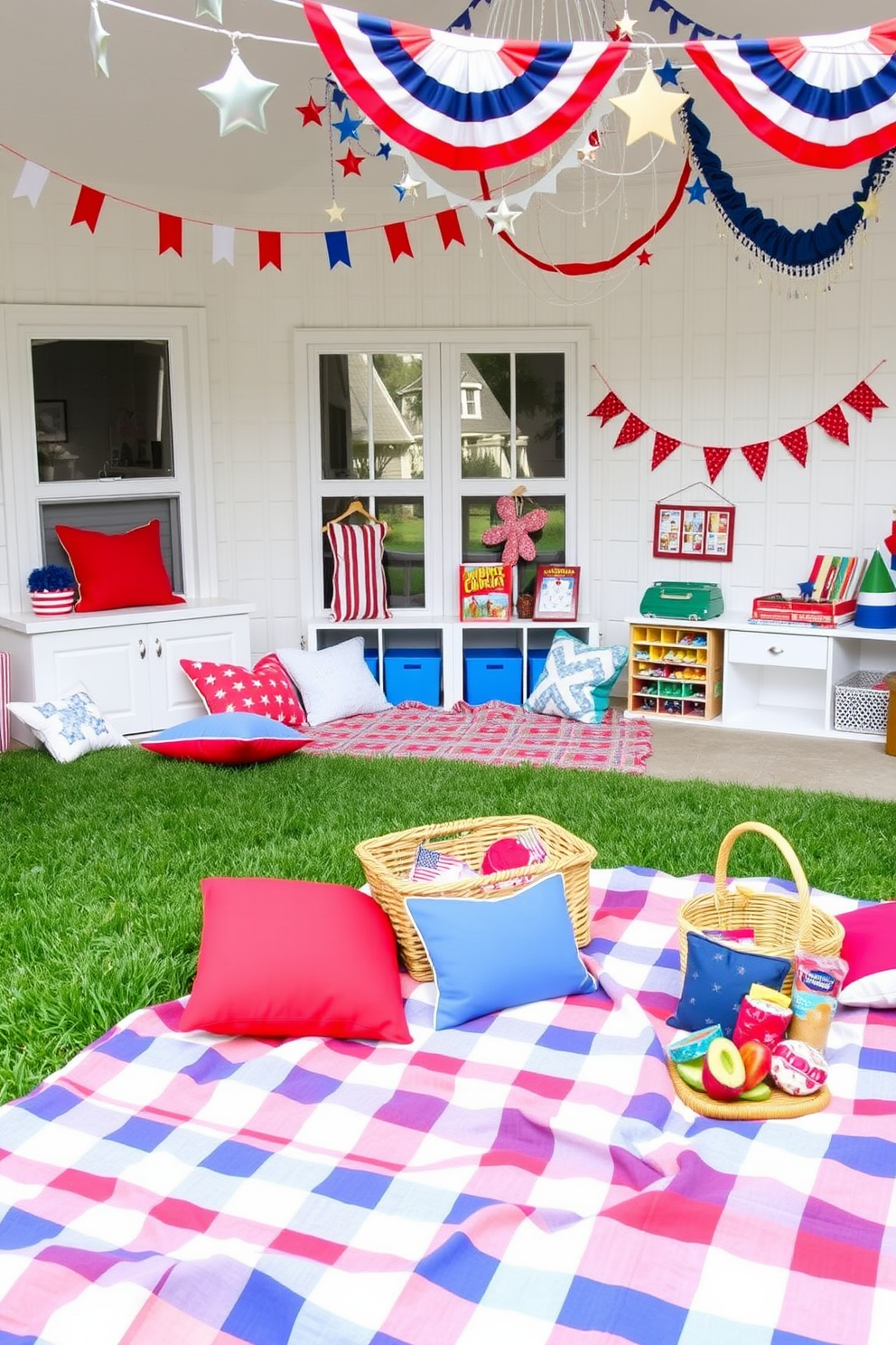 A colorful outdoor picnic setup featuring a large checkered blanket spread across a lush green lawn. The picnic is adorned with an assortment of vibrant cushions and a wicker basket filled with fresh fruits and snacks. Independence Day playroom decorating ideas with red, white, and blue accents throughout the space. Festive bunting and stars hang from the ceiling, while a cozy reading nook invites children to enjoy themed books and games.