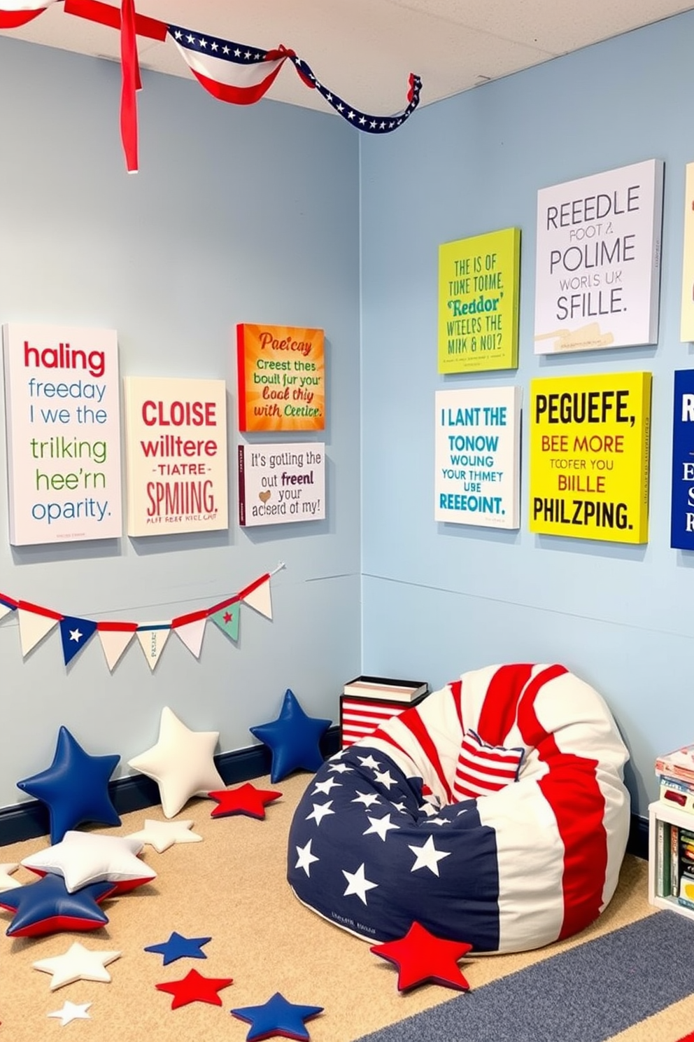 A vibrant playroom filled with themed wall art that features inspiring quotes about freedom and creativity. The walls are adorned with colorful canvas prints, each highlighting a different quote, creating an energetic and motivational atmosphere. The playroom includes playful Independence Day decorations, such as red, white, and blue bunting and star-shaped cushions scattered on the floor. A cozy reading nook with a patriotic-themed bean bag chair invites children to relax and enjoy their favorite books.