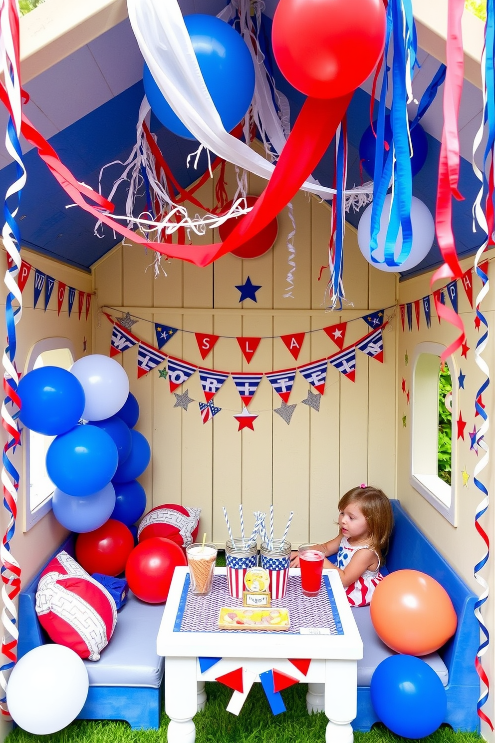 A vibrant playhouse decorated for Independence Day. Red, white, and blue streamers hang from the ceiling and colorful balloons are scattered throughout the space. The walls are adorned with festive banners and stars, creating a cheerful atmosphere. A small table is set with themed snacks and drinks, inviting children to celebrate and enjoy their time.