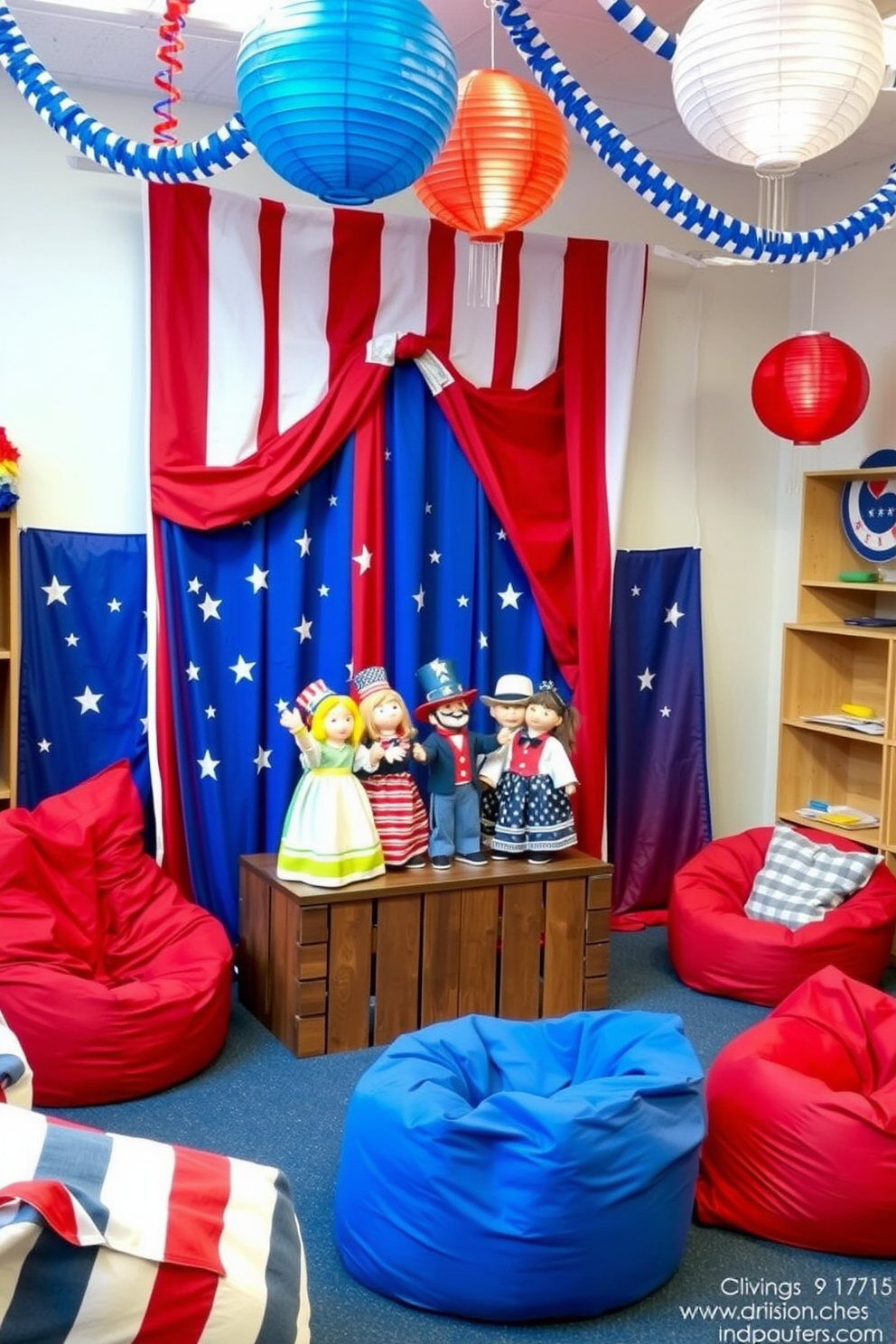 A festive Fourth of July puppet show area is set up with a vibrant red, white, and blue backdrop featuring stars and stripes. Colorful puppets representing patriotic characters are arranged on a small wooden stage, inviting children to engage in imaginative play. The playroom is adorned with Independence Day decorations, including hanging paper lanterns and streamers in the national colors. A cozy seating area with bean bags and cushions provides a comfortable spot for kids to enjoy their puppet shows and celebrate the holiday.