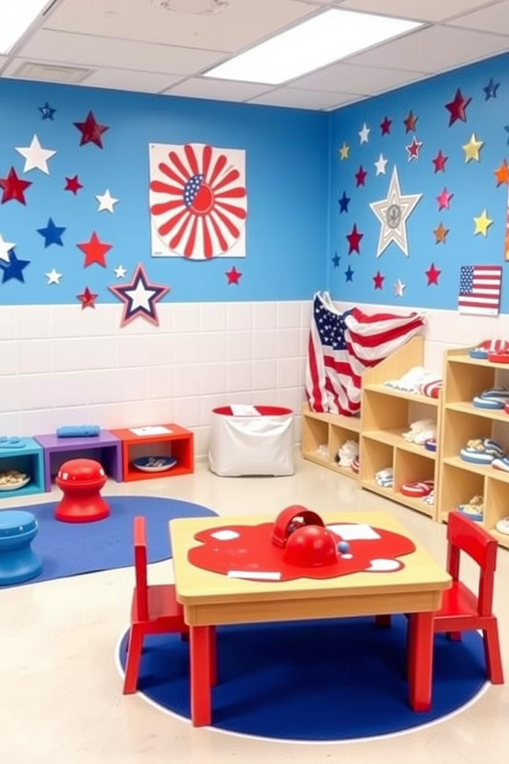 A vibrant playroom filled with creative play areas using red white and blue clay. The walls are adorned with playful artwork celebrating Independence Day, featuring stars and stripes motifs.