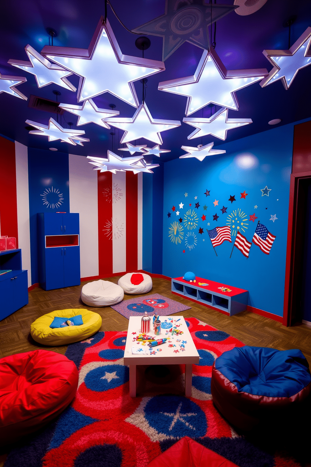 A vibrant playroom designed for Independence Day celebrations. The ceiling is adorned with star shaped lighting fixtures that create a festive atmosphere, illuminating the space with a warm glow. The walls are painted in red, white, and blue, featuring playful murals of fireworks and flags. Colorful rugs and bean bags provide comfortable seating, while a table is set up for arts and crafts activities themed around the holiday.