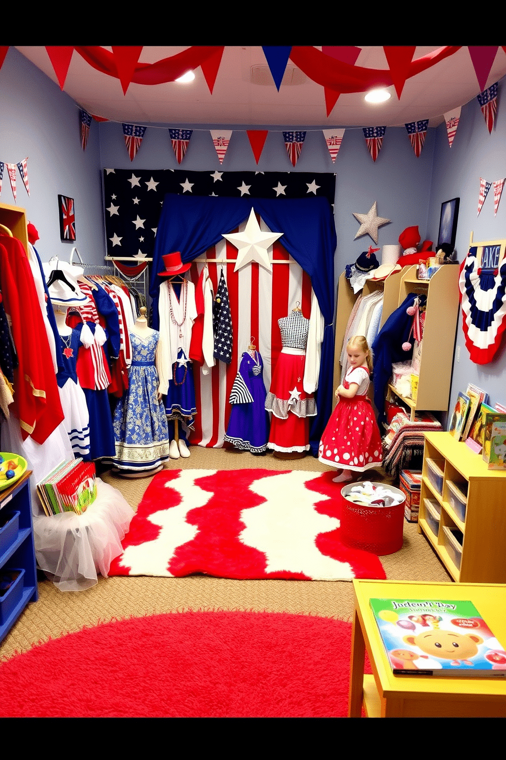 A vibrant patriotic themed dress-up corner filled with red white and blue costumes and accessories. A star-spangled backdrop adds a festive touch while a cozy rug in the center invites children to play. The playroom features a cheerful color palette with flags and bunting adorning the walls. A small table is set up with craft supplies for creating Independence Day decorations and a reading nook offers books about the holiday.