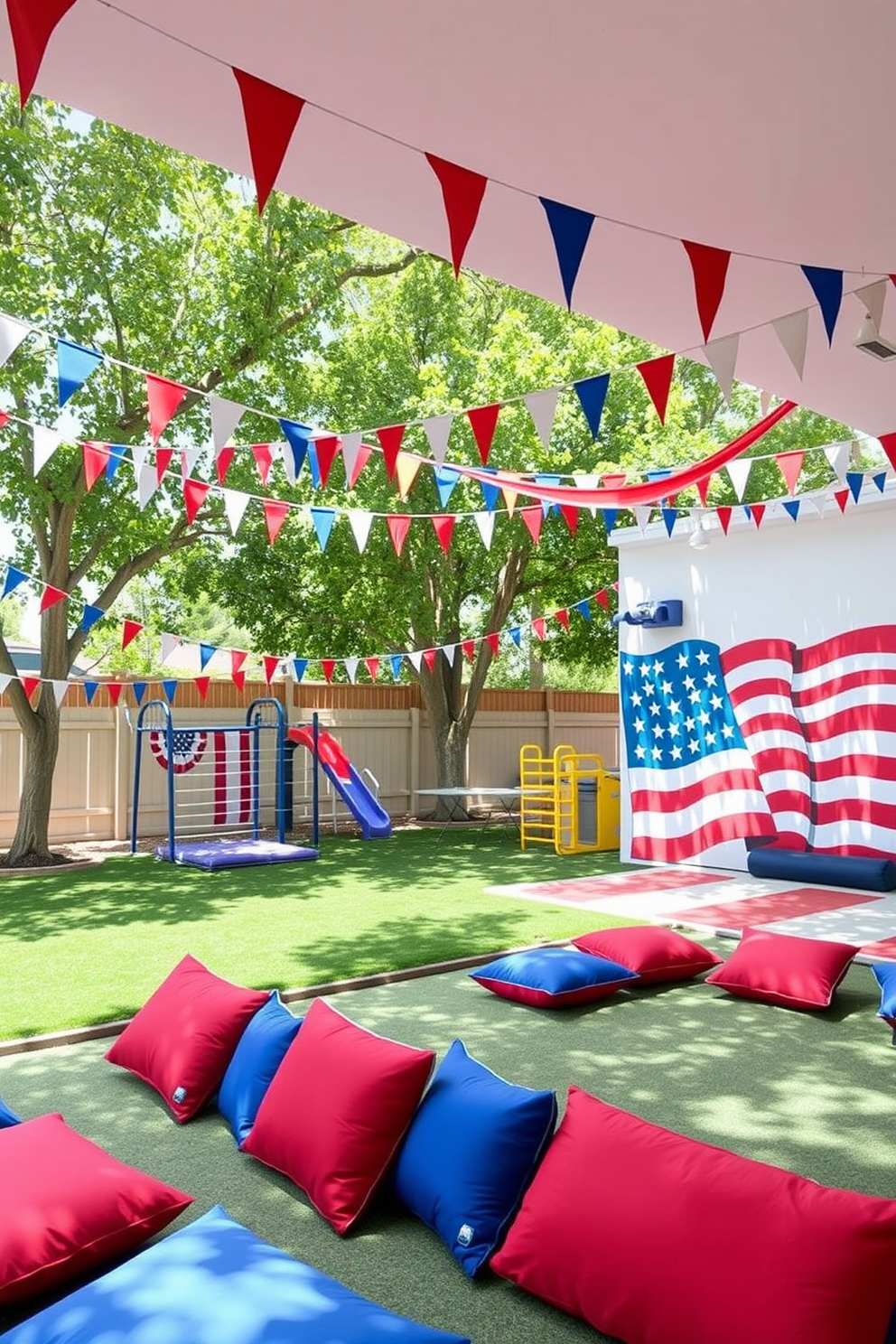 A vibrant outdoor games area designed with a flag theme. Colorful banners and flags in red, white, and blue are strung between trees, creating a festive atmosphere. The playroom features playful Independence Day decorations. Red and blue cushions are scattered around, and a large flag-themed mural adorns one wall, enhancing the celebratory spirit.