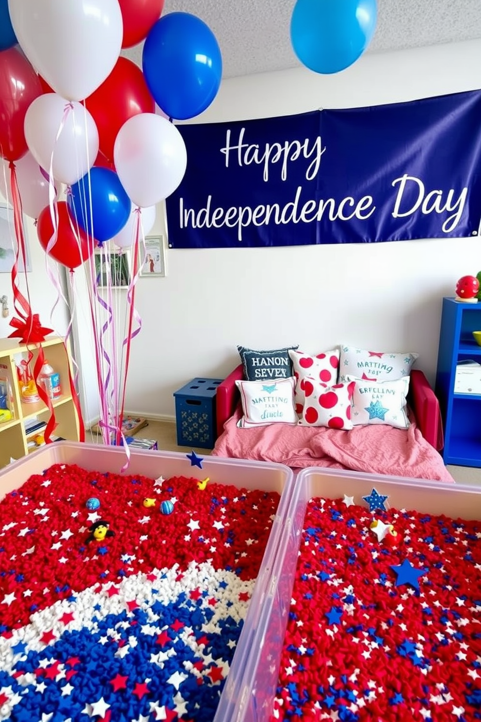 Independence Day themed sensory bins filled with red white and blue rice and star shaped confetti. Small patriotic toys and flags are scattered throughout the bins for children to explore and engage with. A vibrant playroom decorated with red white and blue balloons and streamers. A large banner reading Happy Independence Day hangs above a cozy reading nook adorned with themed cushions and blankets.