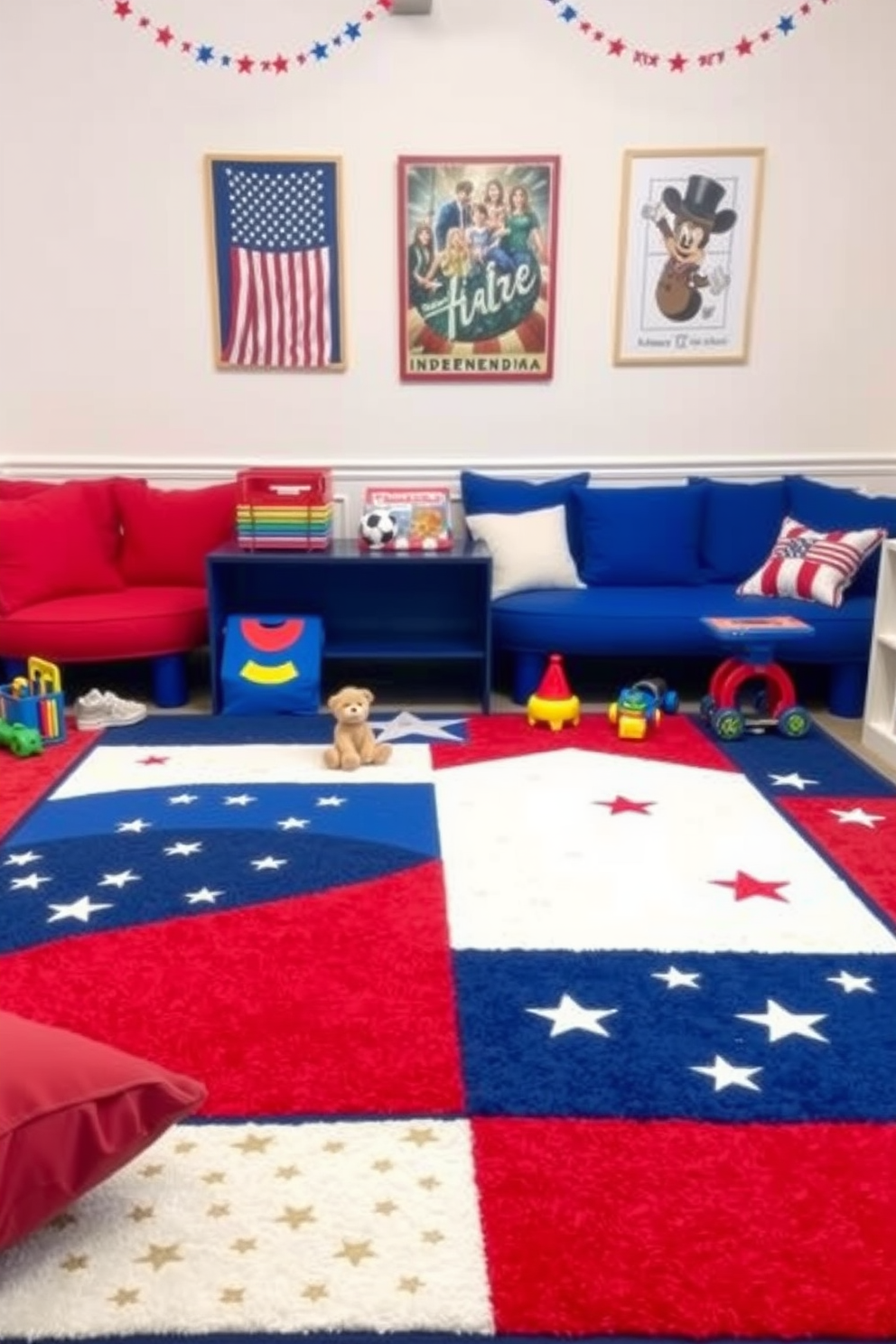 A vibrant playroom featuring a patriotic themed activity rug that showcases red, white, and blue colors with stars and stripes patterns. The rug is placed in the center of the room, surrounded by colorful cushions and toys that encourage imaginative play for children celebrating Independence Day.