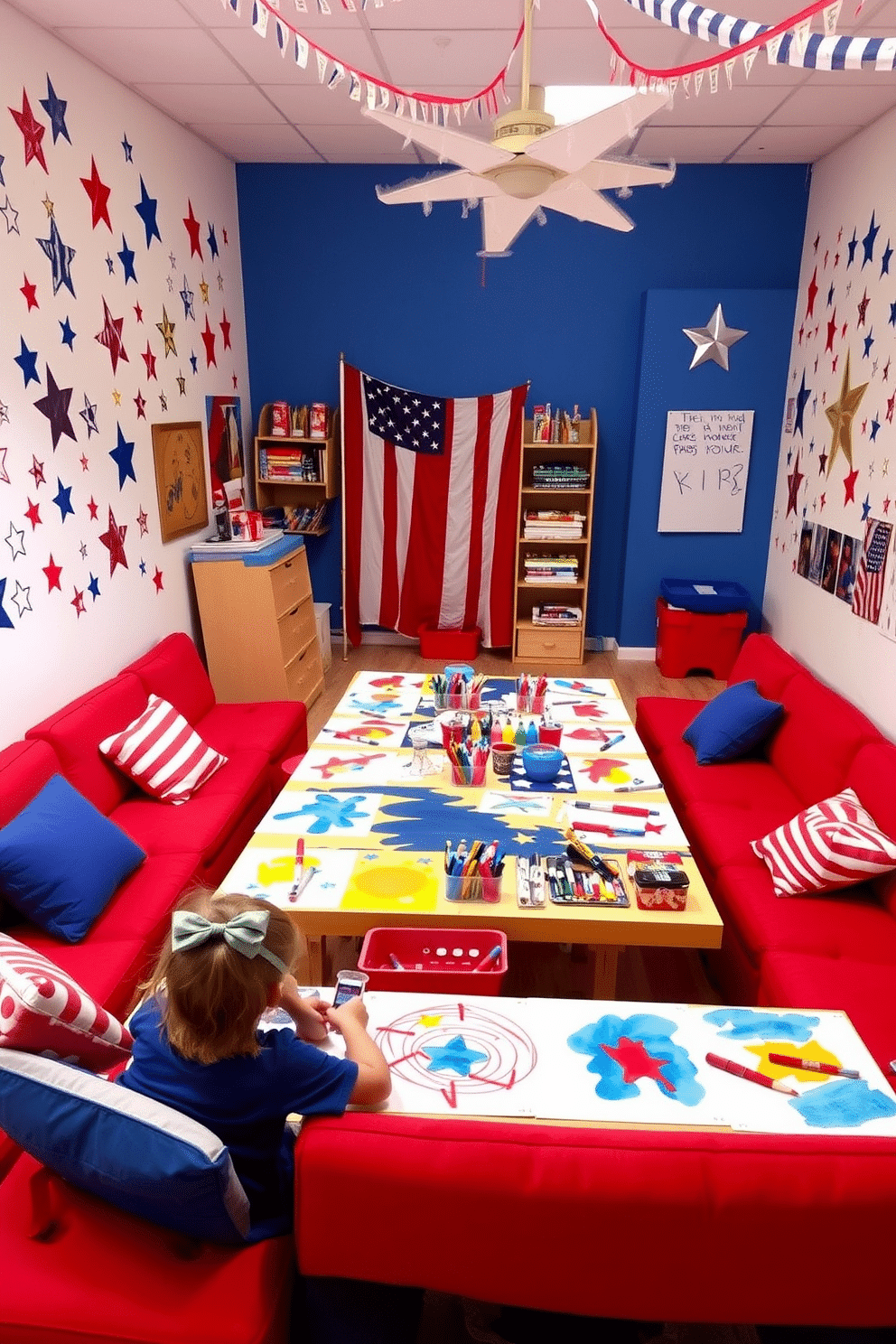 A vibrant playroom filled with red white and blue art supplies is perfect for celebrating Independence Day. The walls are adorned with colorful artwork featuring stars and stripes, creating an energetic and festive atmosphere. A large table is set up in the center, covered with various art materials such as paint, markers, and paper in patriotic colors. Comfy seating in red and blue provides a cozy space for kids to unleash their creativity while enjoying the holiday spirit.