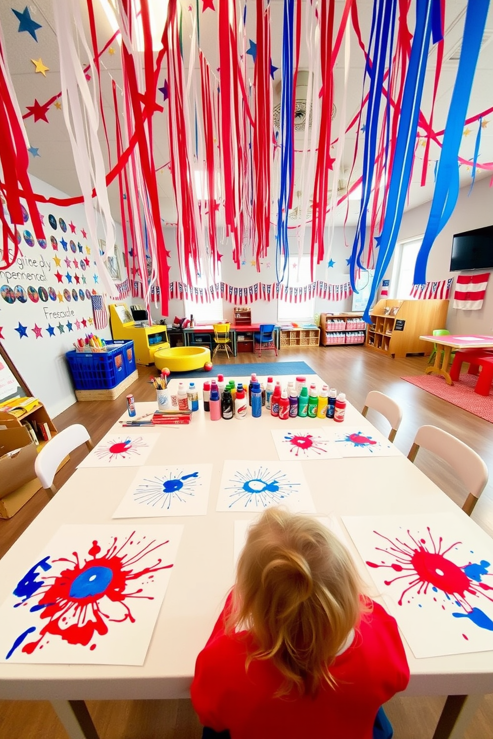 A vibrant DIY fireworks art station filled with colorful paints and craft supplies. The table is covered with white paper for children to create their own fireworks designs with splashes of red, blue, and white. A festive Independence Day playroom decorated with red, white, and blue streamers hanging from the ceiling. The walls are adorned with stars and stripes, creating a fun and patriotic atmosphere for children to enjoy.