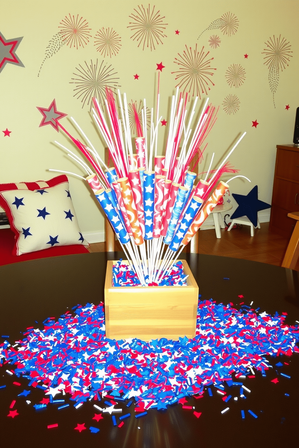 A vibrant firecracker centerpiece for tables. The centerpiece features a cluster of colorful firecracker replicas arranged in a rustic wooden box, surrounded by red, white, and blue confetti. A playful Independence Day-themed playroom. The room is adorned with star-patterned cushions, a red and white striped rug, and wall decals of fireworks, creating a festive atmosphere for children to enjoy.