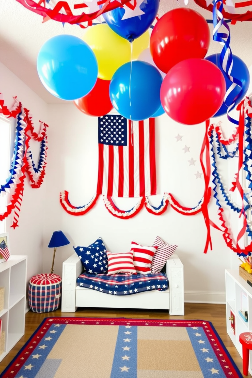 A festive playroom adorned with vibrant bunting and garland decorations celebrating Independence Day. The walls are decorated with red, white, and blue streamers, and a large American flag hangs prominently in the background. Colorful balloons float above a cozy reading nook filled with patriotic-themed cushions and blankets. A playful rug with stars and stripes anchors the space, creating a cheerful atmosphere for children to enjoy.