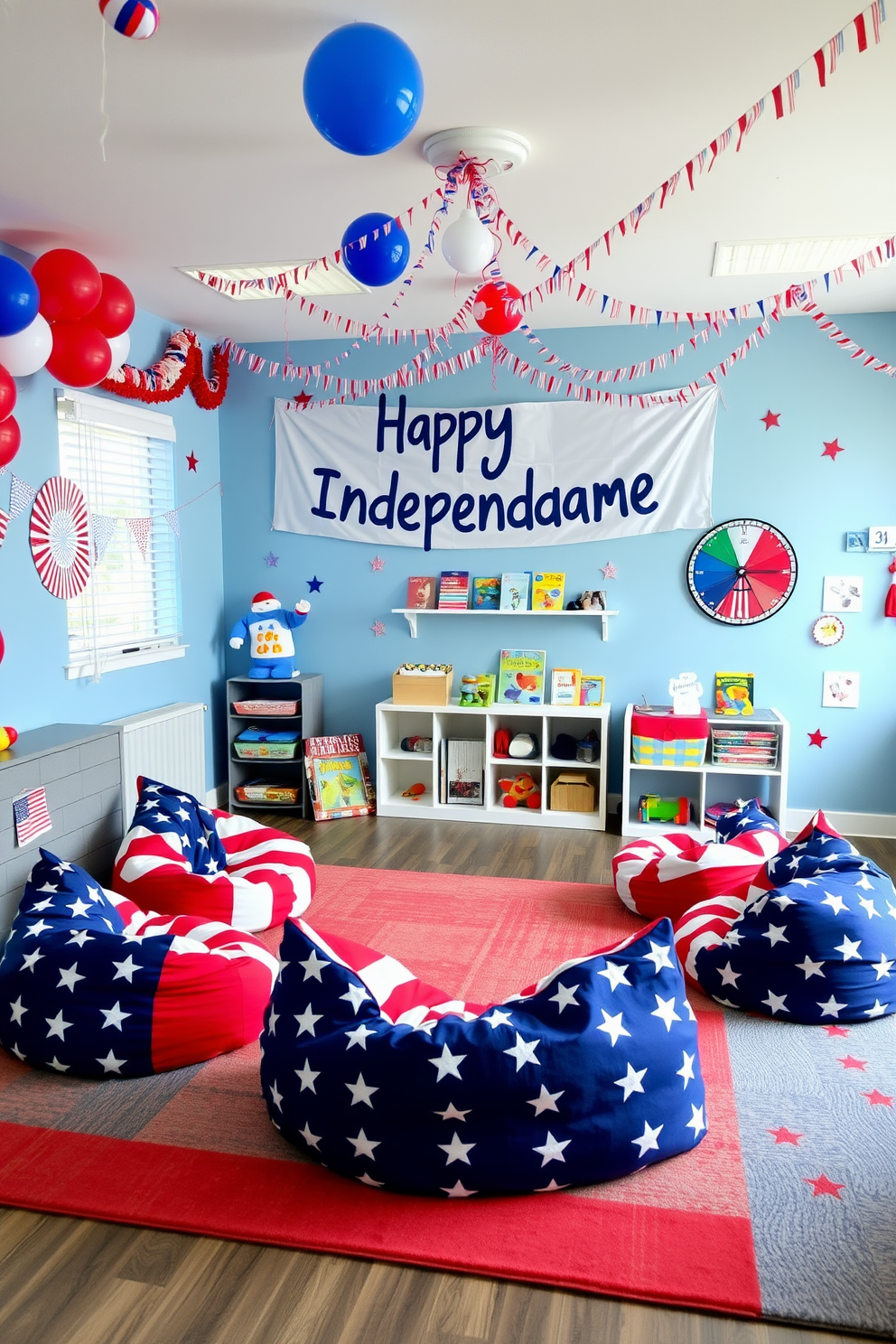 A vibrant playroom designed for Independence Day celebrations. The focal point is a set of American flag bean bags scattered around a colorful rug, inviting children to relax and play. The walls are adorned with red white and blue decorations, including balloons and streamers. A large banner reading Happy Independence Day hangs above a cozy reading nook filled with patriotic-themed books and toys.