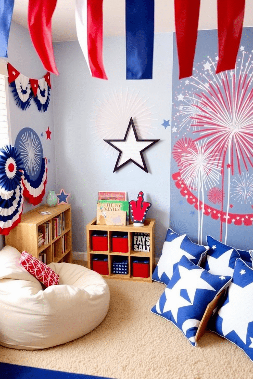 A festive Fourth of July story corner filled with red white and blue decorations. A cozy reading nook features a plush bean bag chair and a small bookshelf stocked with patriotic themed books. Independence Day playroom decorating ideas include a vibrant mural of fireworks on one wall. Colorful bunting and star-shaped cushions create a playful atmosphere for children to enjoy.