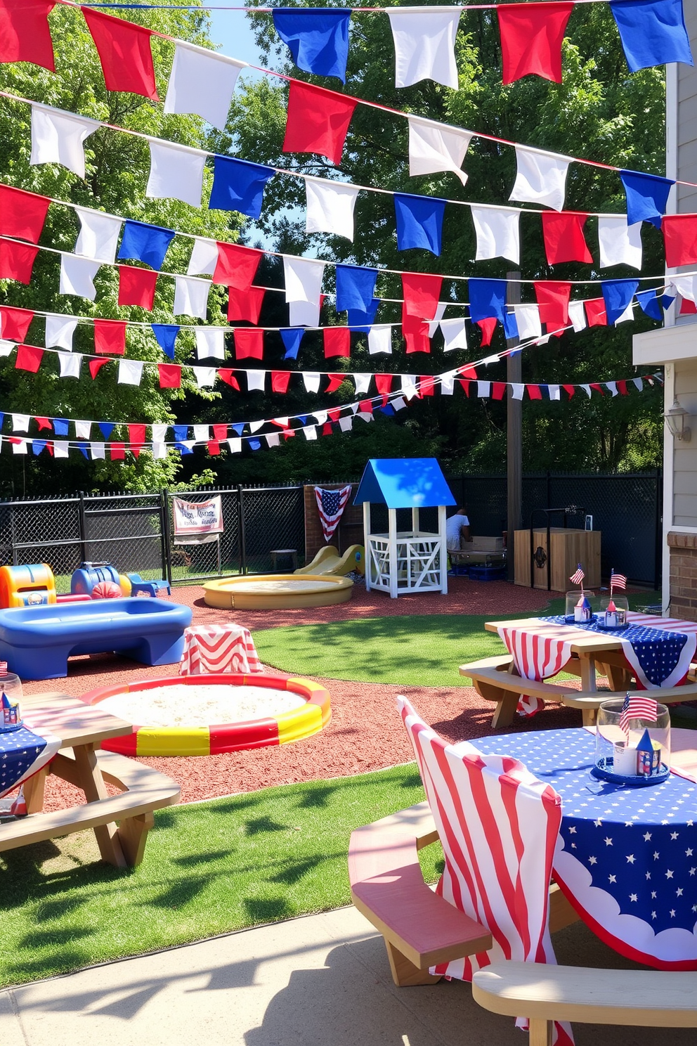 An outdoor play area designed for Independence Day celebrations. Colorful flags in red white and blue are strung across the space creating a festive atmosphere. The play area features a variety of engaging activities such as a sandbox and a small climbing structure. Picnic tables are adorned with themed tablecloths and centerpieces that celebrate the holiday.