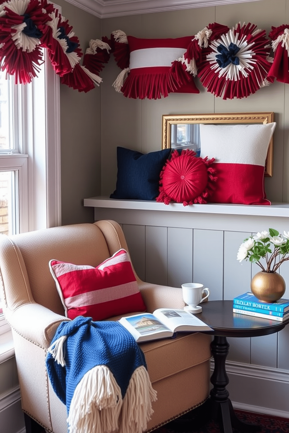 A cozy reading nook adorned with red white and blue throw pillows that create a festive atmosphere. The nook features a comfortable armchair positioned next to a small side table, perfect for holding a cup of tea and a stack of books.