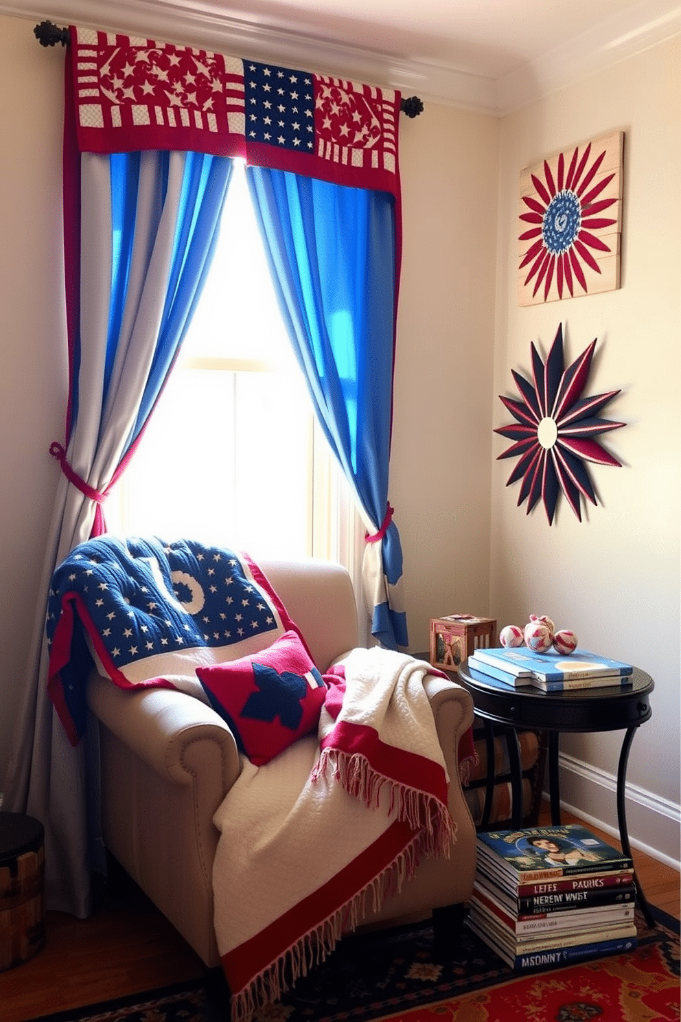 A cozy reading nook adorned with quilted red white and blue throws that evoke a festive Independence Day spirit. A comfortable armchair is positioned near a window, inviting warm sunlight to illuminate the space while a small side table holds a stack of patriotic-themed books.