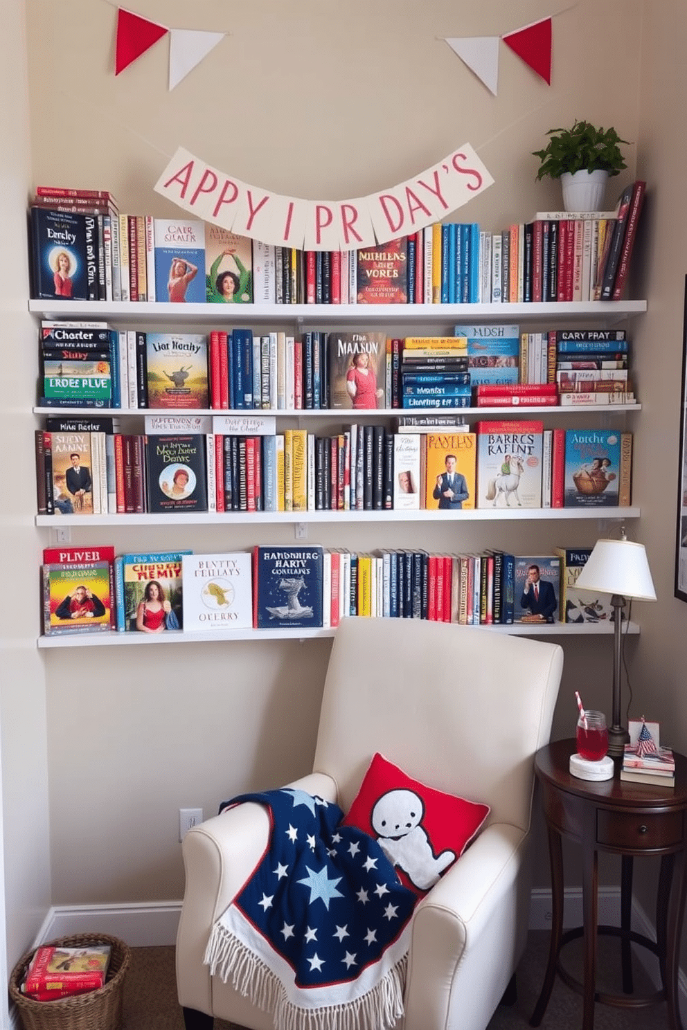 A cozy reading nook features wall-mounted shelves filled with an array of colorful books. A comfortable armchair is positioned beneath the shelves, adorned with a patriotic throw blanket and a small side table for drinks. The space is decorated with red, white, and blue accents to celebrate Independence Day. A cheerful banner hangs above the shelves, and a small potted plant adds a touch of greenery to the corner.