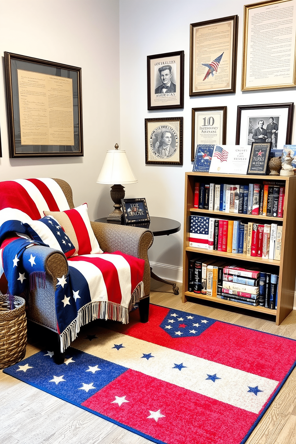 A cozy reading nook adorned with patriotic themed book covers and wraps. The space features a comfortable armchair draped in a red, white, and blue throw blanket next to a small side table stacked with classic American literature. The walls are decorated with framed prints of historical documents and iconic American symbols. A vibrant rug in stars and stripes anchors the area, while a small bookshelf showcases an array of books wrapped in themed covers, inviting relaxation and reflection on Independence Day.