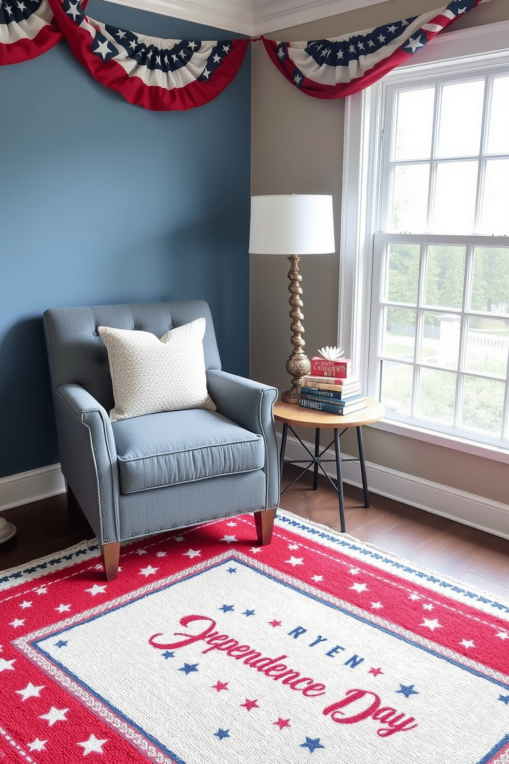 A cozy reading nook adorned with a red white and blue area rug that celebrates Independence Day. The nook features a comfortable armchair upholstered in soft fabric, positioned beside a small wooden side table stacked with patriotic-themed books.