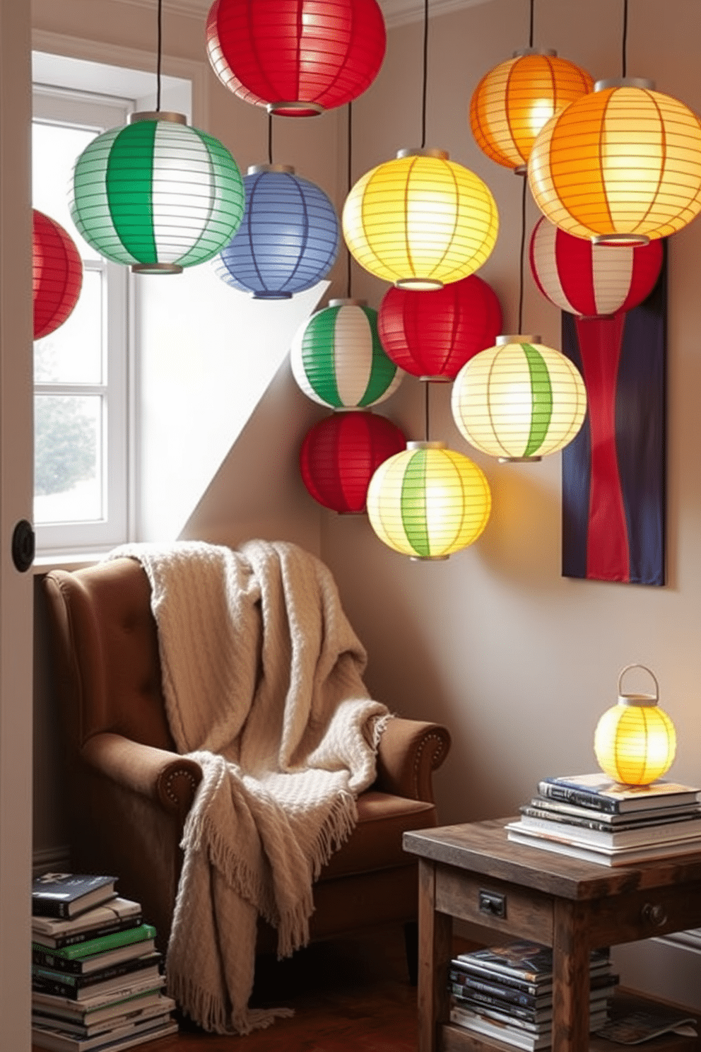 A cozy reading nook adorned with hanging paper lanterns in vibrant flag colors. The space features a plush armchair draped with a soft throw blanket, surrounded by stacks of books on a rustic wooden side table.