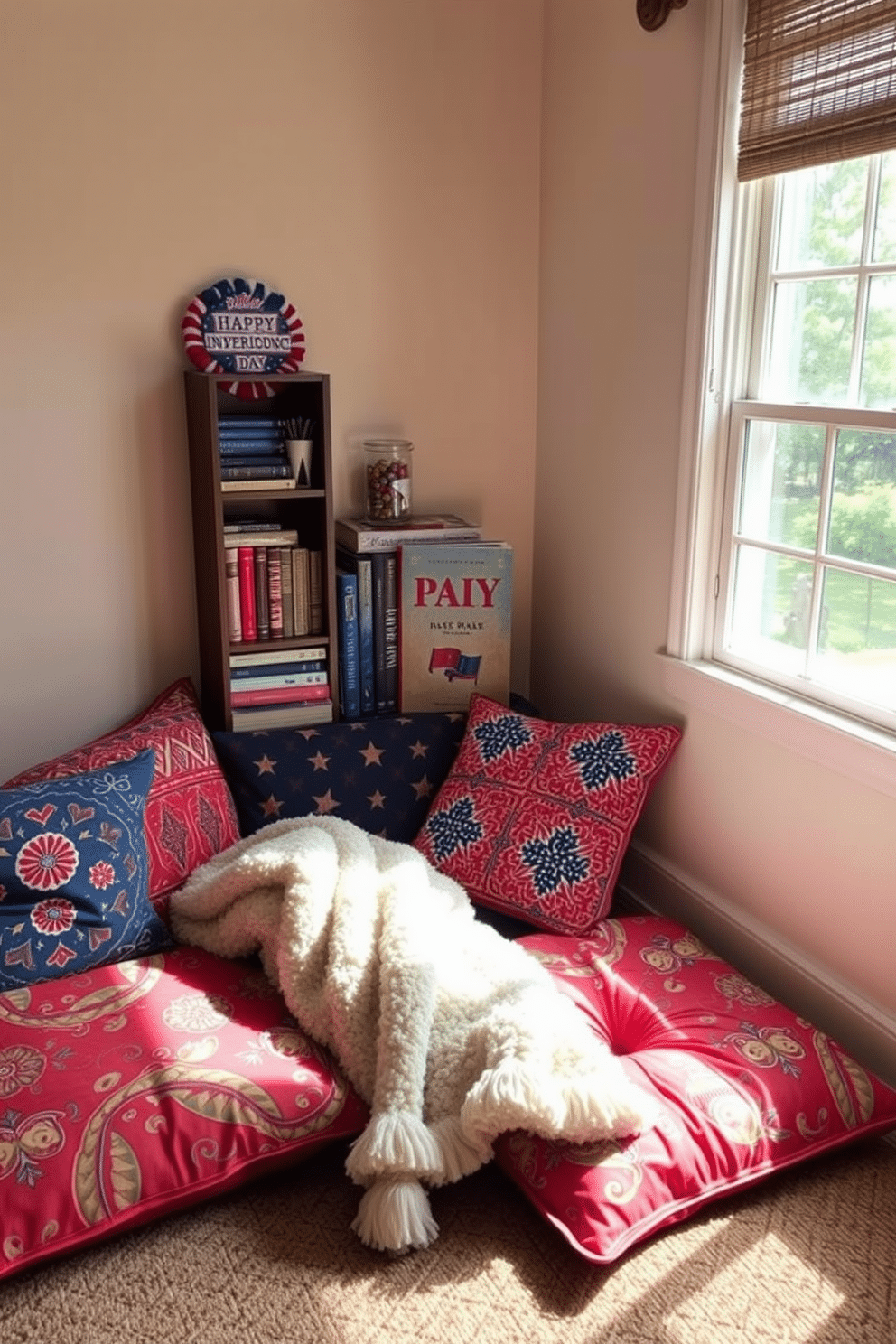 A cozy reading nook adorned with comfortable floor cushions featuring vibrant patterns. The space is illuminated by soft, natural light streaming through a large window, creating an inviting atmosphere for relaxation. In the corner, a small bookshelf displays a selection of patriotic-themed books and decorations celebrating Independence Day. A plush throw blanket is draped over one of the cushions, adding a touch of warmth and style to the nook.