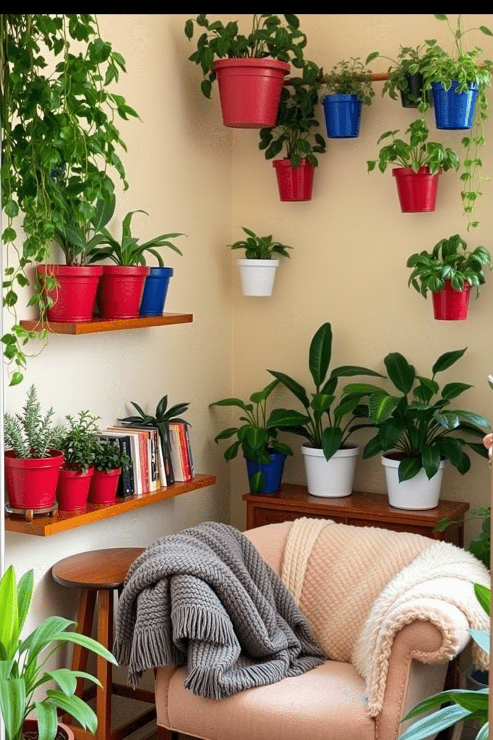 A cozy reading nook adorned with potted plants in red white and blue pots. The nook features a comfortable armchair positioned next to a small wooden side table, creating a perfect spot for relaxation and enjoyment of books. The walls are painted in a soft cream color, enhancing the vibrant hues of the pots. A plush throw blanket drapes over the armchair, inviting you to settle in with a good read.