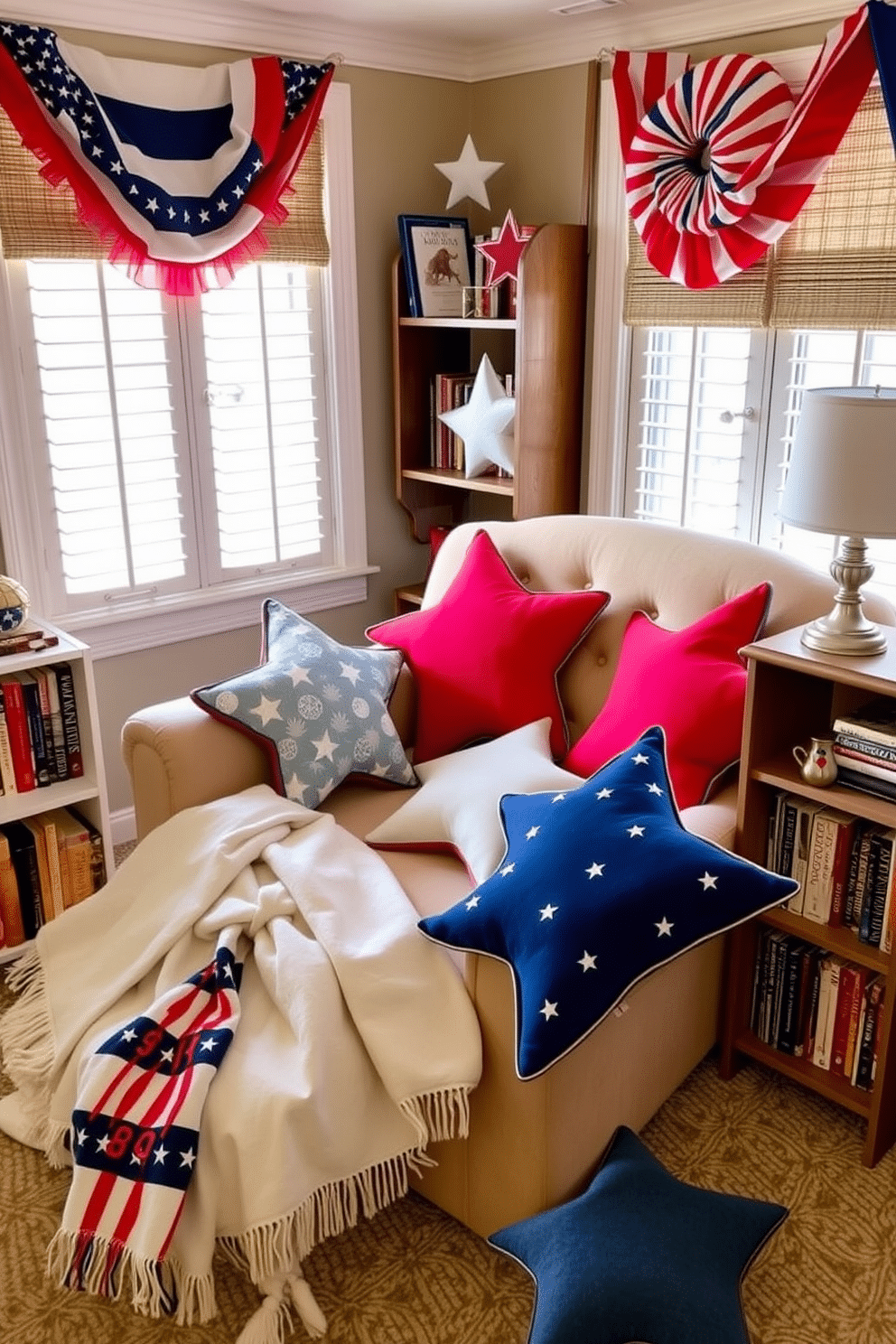 A cozy reading nook adorned with star shaped cushions for seating. The cushions are arranged on a plush, oversized armchair, creating a whimsical and inviting atmosphere. Patriotic decorations in red, white, and blue accentuate the space, celebrating Independence Day. A small bookshelf filled with classic novels sits nearby, complemented by a soft throw blanket draped over the armchair.