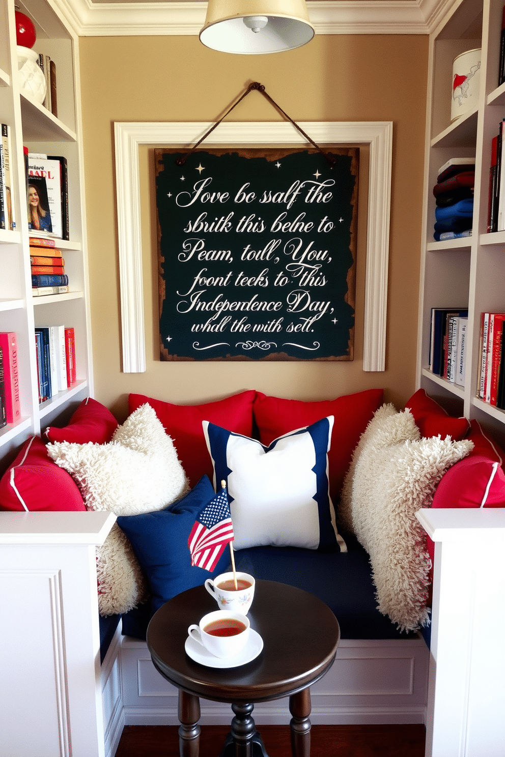 A cozy reading nook featuring a charming sign that displays a patriotic quote in elegant script. The nook is adorned with plush cushions in red, white, and blue, inviting relaxation and reflection. Surrounding the nook are shelves filled with books and decorative items that celebrate Independence Day. A small side table holds a steaming cup of tea and a small American flag, adding a festive touch to the space.