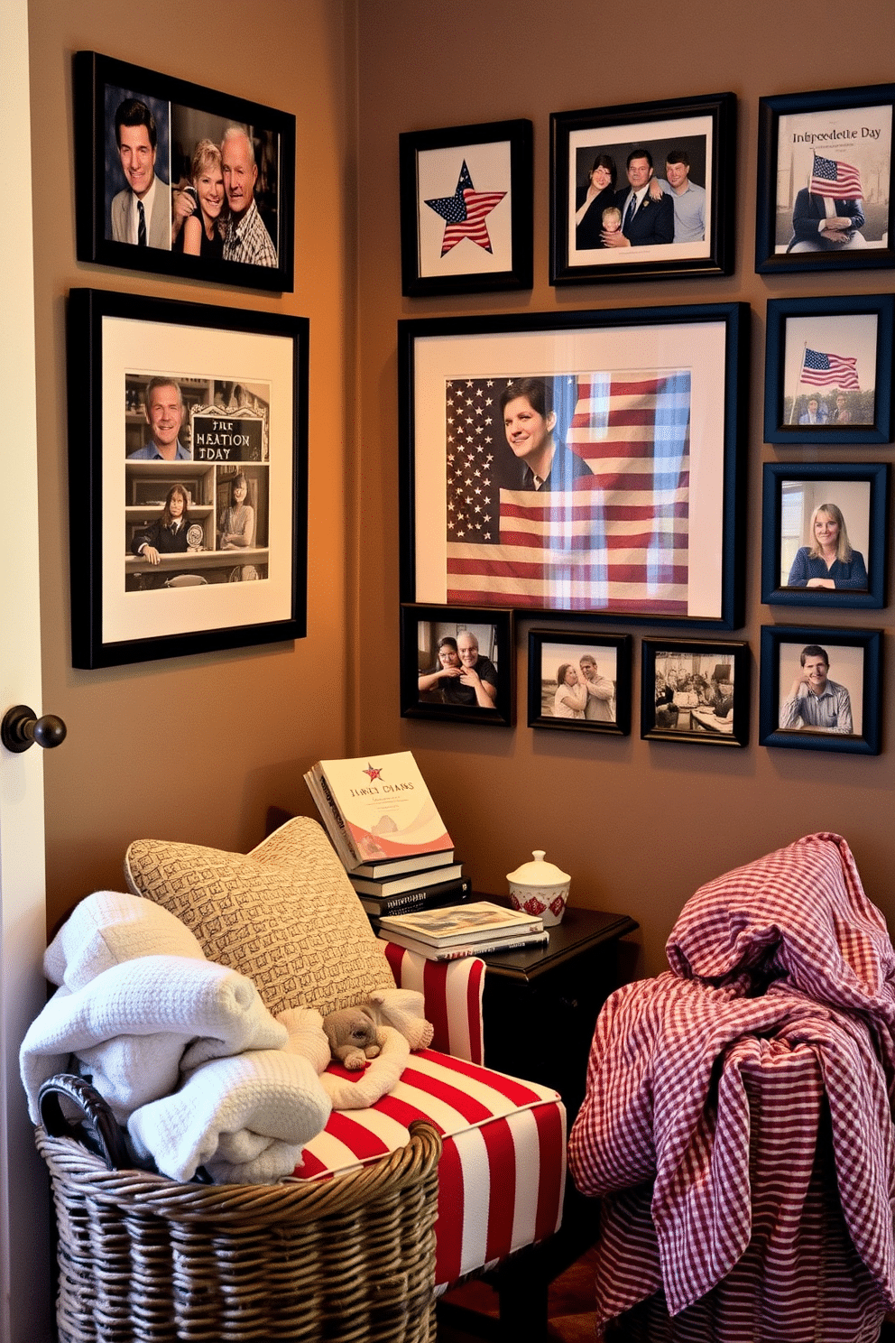 A cozy reading nook adorned with framed photos of past Independence Days. The space features a comfortable armchair upholstered in red and white stripes, with a small side table holding a stack of patriotic-themed books. Soft, ambient lighting illuminates the nook, creating a warm and inviting atmosphere. A woven basket filled with cozy blankets sits nearby, adding a touch of texture and comfort to the decor.