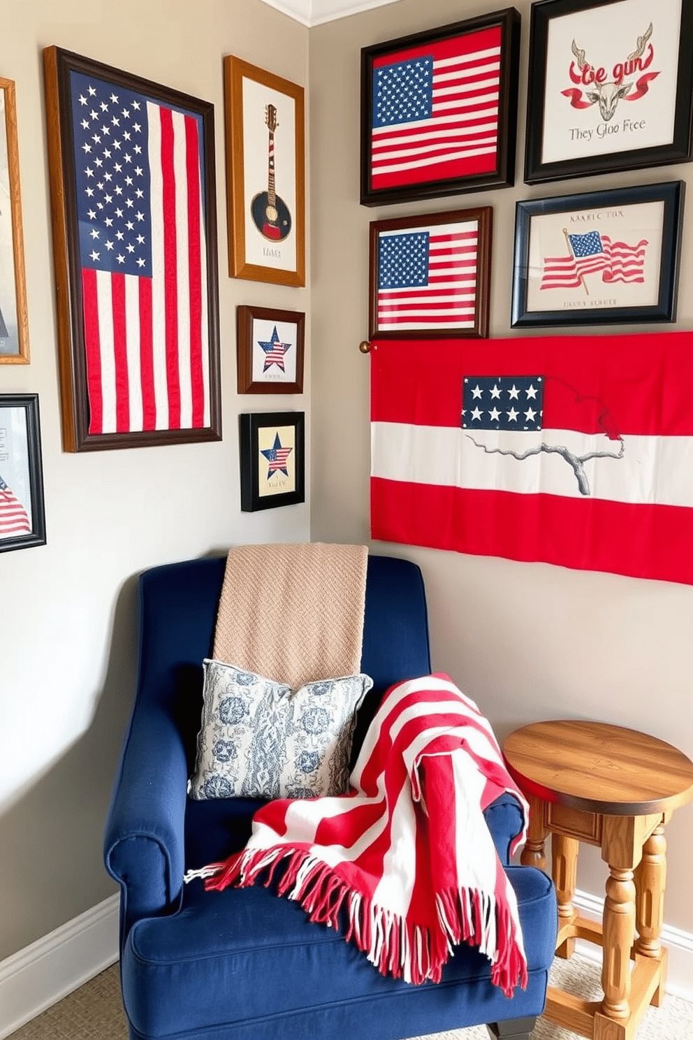 A cozy reading nook adorned with patriotic themed wall art prints. The walls are decorated with framed prints featuring the American flag and iconic symbols of independence, creating a festive atmosphere. A comfortable armchair in a deep navy blue fabric is placed in the corner, paired with a rustic wooden side table. A red and white striped throw blanket drapes over the chair, inviting you to curl up with a good book.