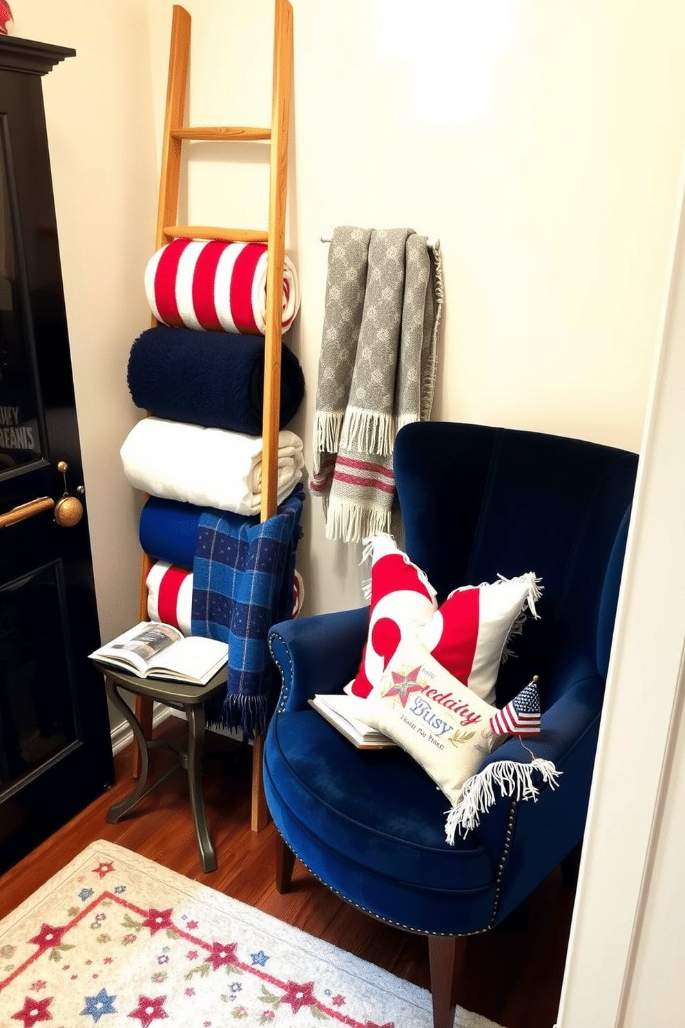 A decorative ladder stands against the wall, elegantly displaying a collection of cozy blankets in varying textures and colors. The ladder's natural wood finish complements the surrounding decor, creating a warm and inviting atmosphere. The reading nook features a plush armchair in a deep blue hue, paired with a small side table for holding books and refreshments. Red, white, and blue accents are incorporated through cushions and a small rug, celebrating Independence Day while providing a comfortable retreat for relaxation.