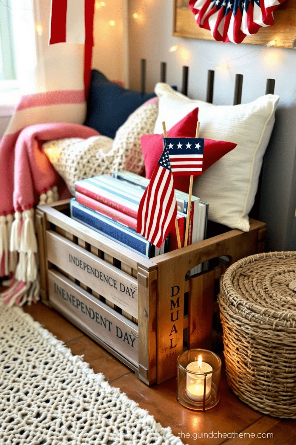 A vintage wooden crate serves as a charming storage solution for books, showcasing a rustic appeal. It is placed in a cozy reading nook adorned with soft cushions and a warm throw blanket. For Independence Day, the reading nook is decorated with red, white, and blue accents, creating a festive atmosphere. A small flag is displayed on the crate, and string lights add a warm glow to the space.