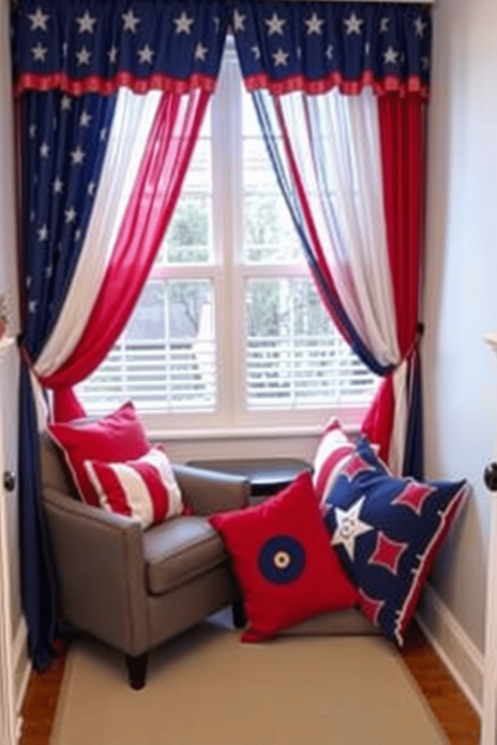 A cozy reading nook featuring patriotic colored curtains that provide privacy while adding a festive touch. The nook is adorned with a comfortable armchair, a small side table, and an array of red, white, and blue throw pillows.