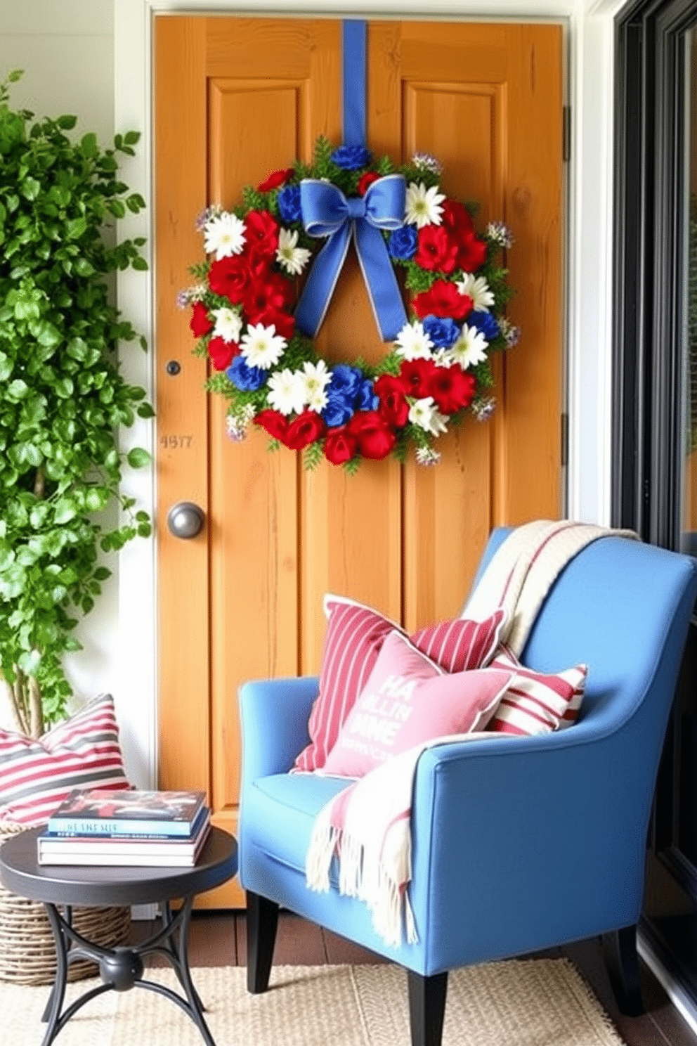 A DIY wreath adorned with vibrant red, white, and blue flowers hangs on a rustic wooden door. The wreath is complemented by a backdrop of soft greenery, creating a festive and welcoming entrance. The reading nook features a cozy armchair upholstered in a soft blue fabric, positioned next to a small side table. A collection of patriotic-themed cushions and a throw blanket in red and white stripes adds warmth and personality to the space.