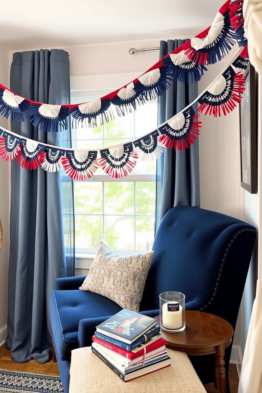 A cozy reading nook decorated for Independence Day. Festive bunting in red white and blue hangs gracefully along the ceiling creating a cheerful atmosphere. A plush armchair in a deep navy hue is positioned next to a small wooden side table. On the table sits a stack of patriotic-themed books alongside a decorative candle in a glass holder.